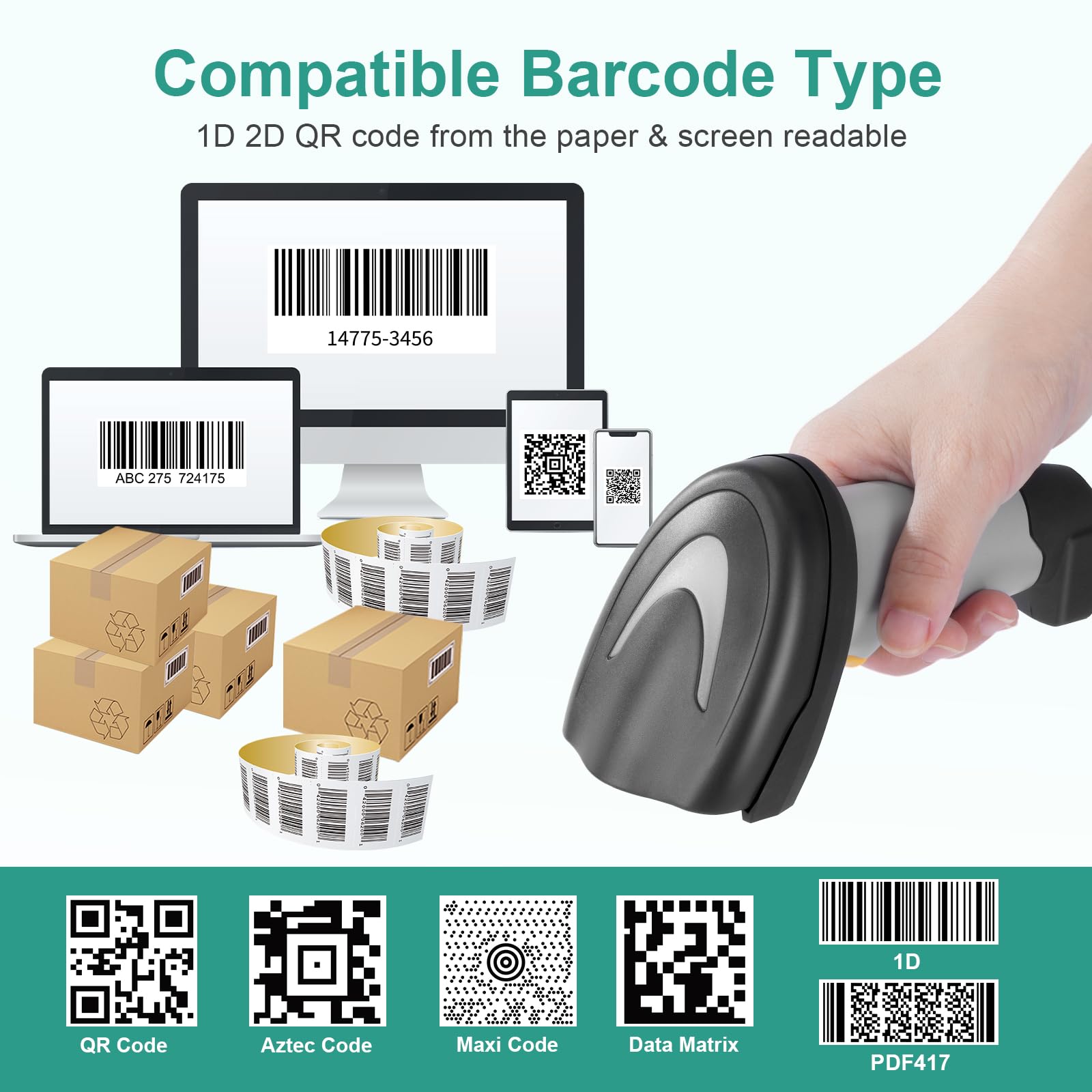 Scanner di codici a barre 2D, scanner di codici a barre portatile USB cablato 1D 2D e PDF417 Data Matrix Lettore di codici a barre automatico Plug and Play Scanner di codici QR