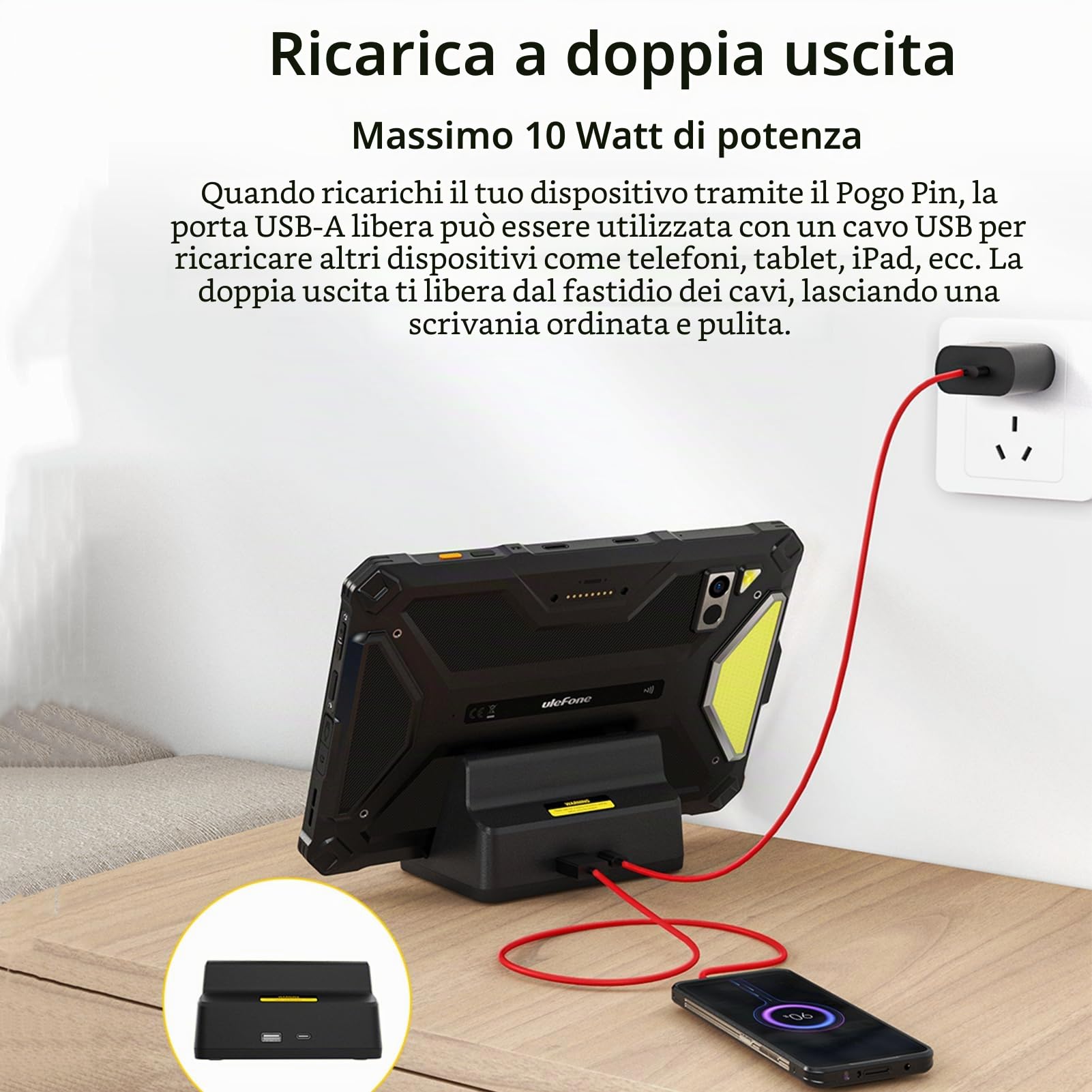 Ulefone Dock di Ricarica da Scrivania 10W, Ricarica, Doppia Uscita, Supporto Caricatore 2-in-1 con Connettore Pogo, per Armor Pad 4T/4 Ultra Tablet