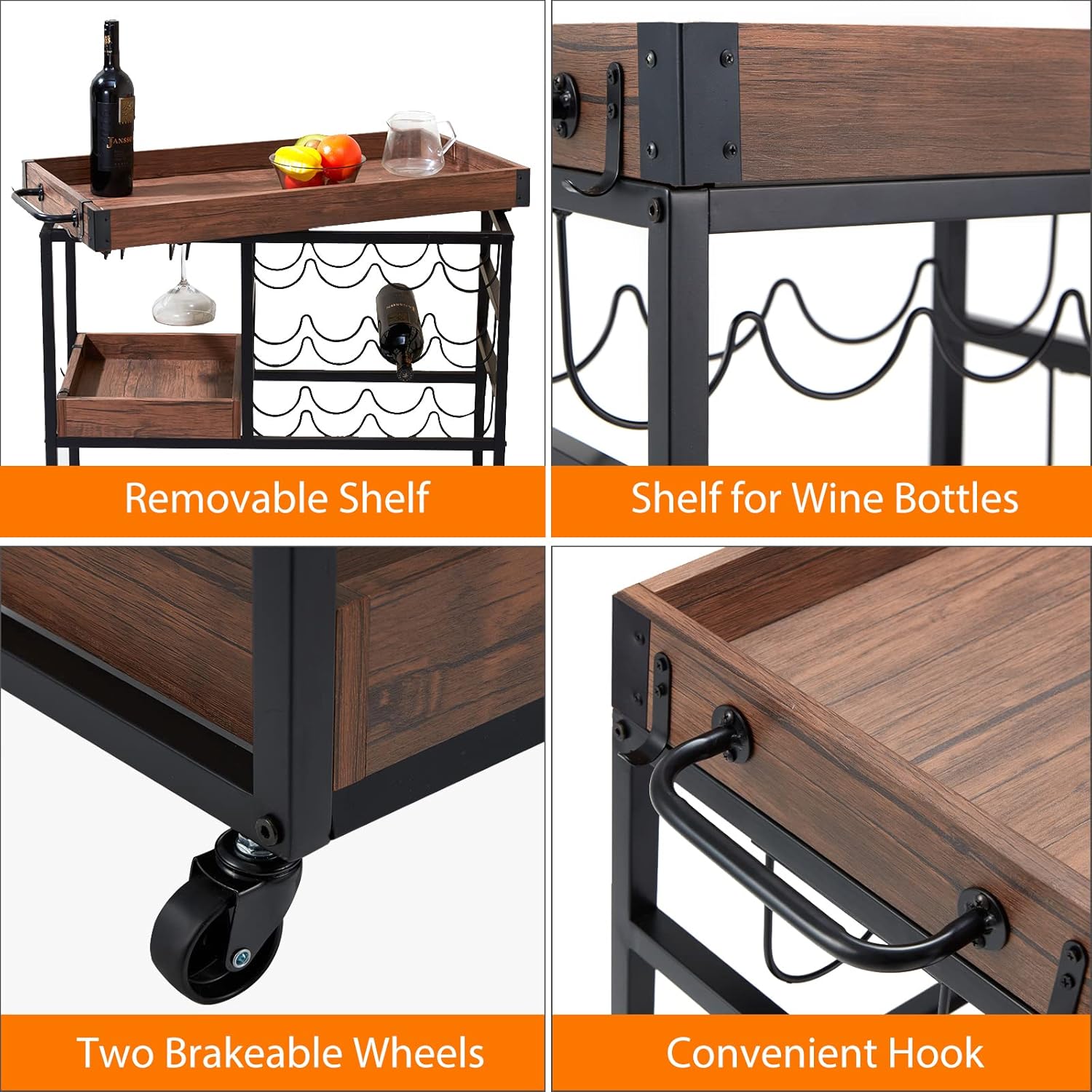 ECOTOUGE Bar Cart with Lockable Castors, 3-Tier Rolling Serving Cart with Wine Glasses Hooks, Adjustable Feet, Handle, Kitchen Stand with Storage Shelves, Easy Assembly Rustic Brown - Bar & Serving Carts