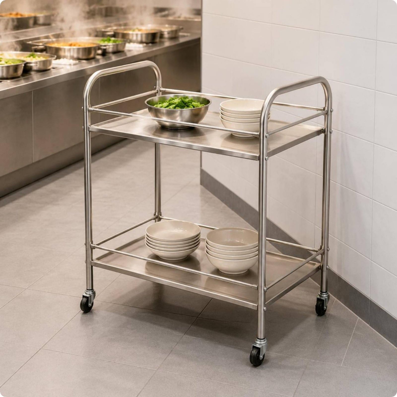 Carrello da Cucina in Acciaio Inox Multiuso Carrello Cucina in Acciaio Inox Alta Portata Organizzazione Casa, Carrello A Due Ripiani Con Quattro Sponde In Acciaio Inossidabile 50x40x71 Cm