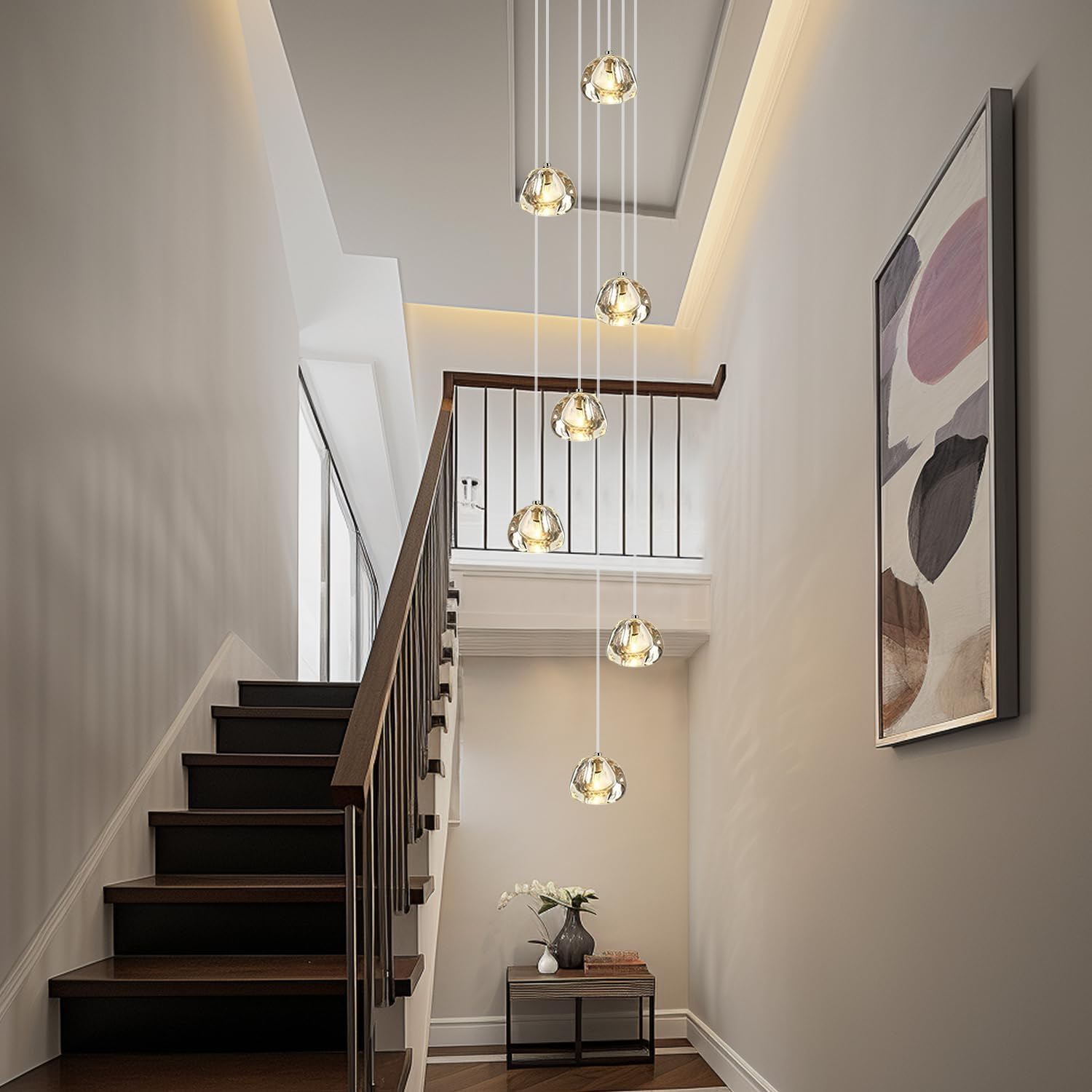 Meimond Longs Lustres Pour Hauts Plafonds, Suspension Moderne En Forme De Boules De Cristal, Lampe Globe Goutte De Pluie, Luminaires Encastrés à Suspendre Pour Escalier En Colimaçon, Foyer, Entrée