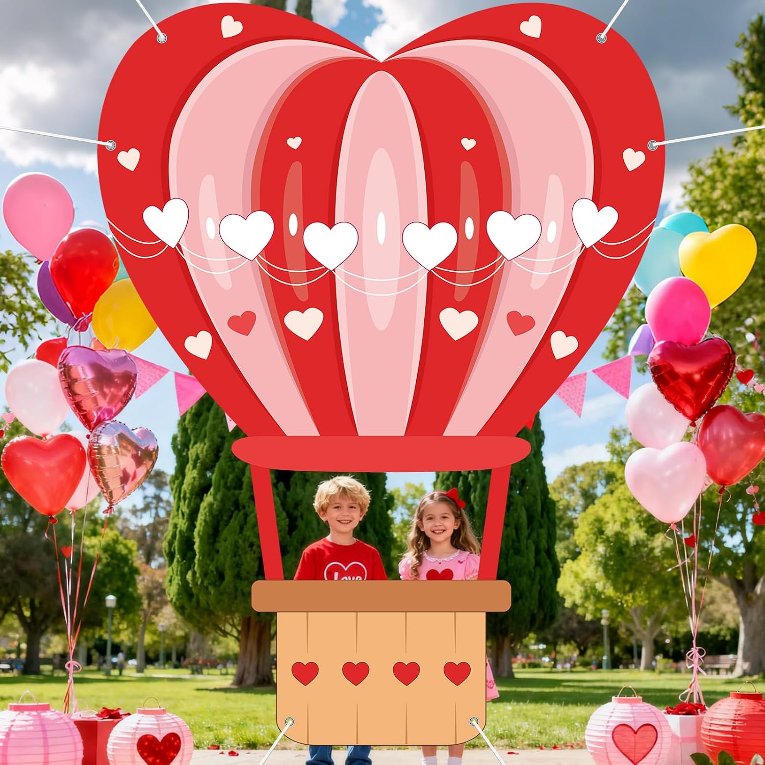 Valentine's Day Photo Booth Prop Hot Air Balloon Heart Shaped Backdrop Decorations Valentines Selfie Frame Banner Background for Classroom Kids Girls Wedding Party Supplies