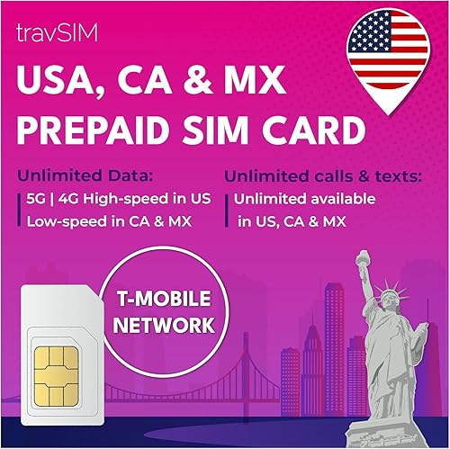 travSIM USA SIM (T-Mobile SIM Card) Válido por 15 días - Datos móviles ilimitados - Estados Unidos T-Mobile US SIM Card (también funciona en Canadá