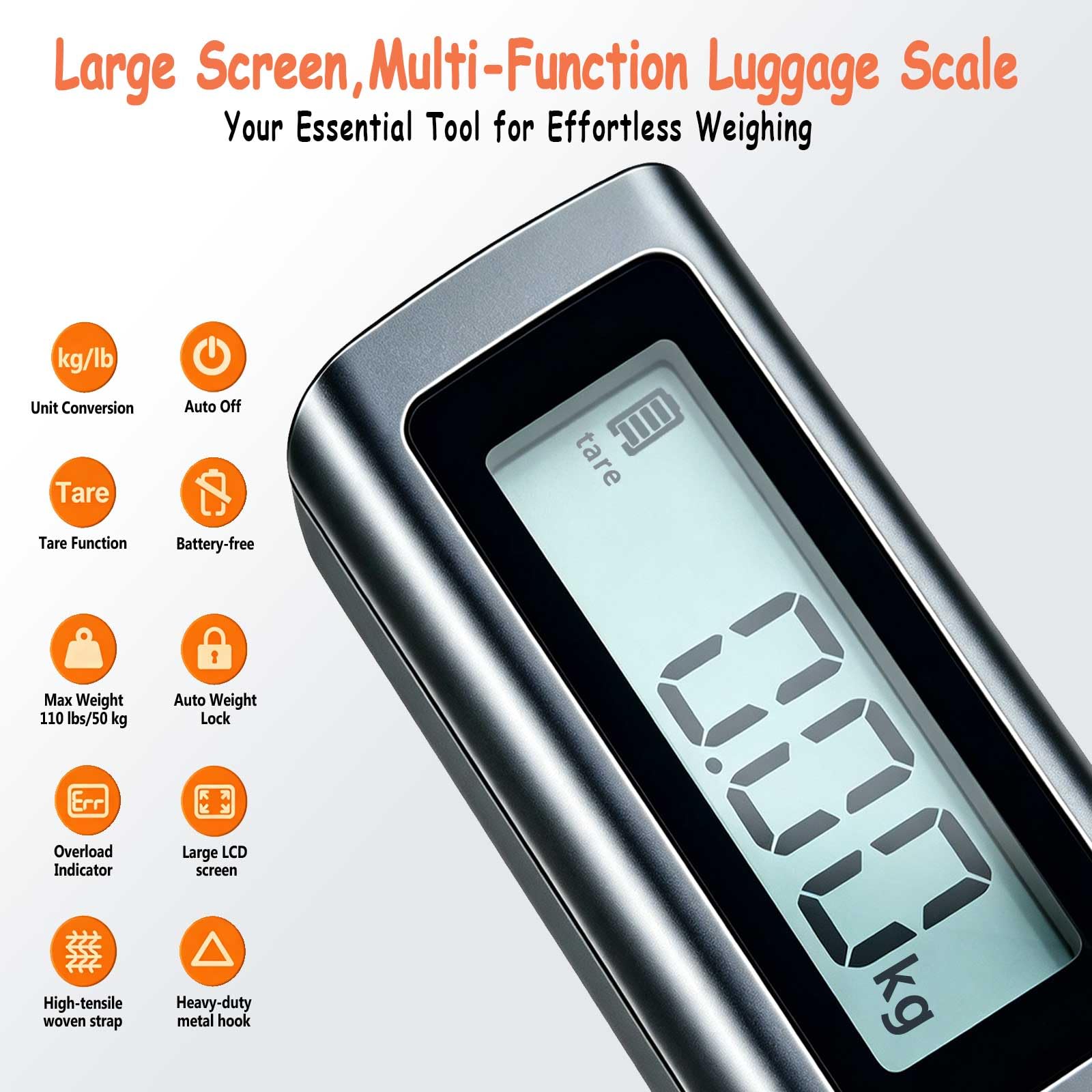 QL balance de valise pour voyage sans piles, 6 fonctions, Tara, conversion d'unités, verrouillage de poids, affichage LCD numérique, jusqu'à 110 lb/50 kg, balance de bagages pour valise adaptée aux