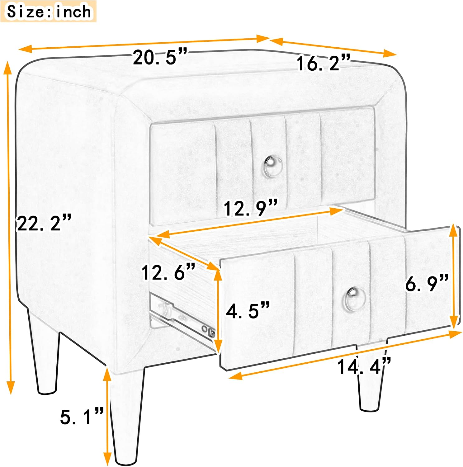 2-Drawer Nightstand Upholstered Bedside Table with Storage Drawers Velvet Fabric End Table for Bedroom, Living Room, Fully Assembled Except Legs&Handles, Gray