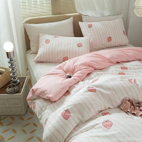 Miniatura 3 de Linda funda de edredón de fresa, tamaño individual XL, suave, 100% algodón, juego de ropa de cama de fresa rosa, ligero, funda de edredón para niños