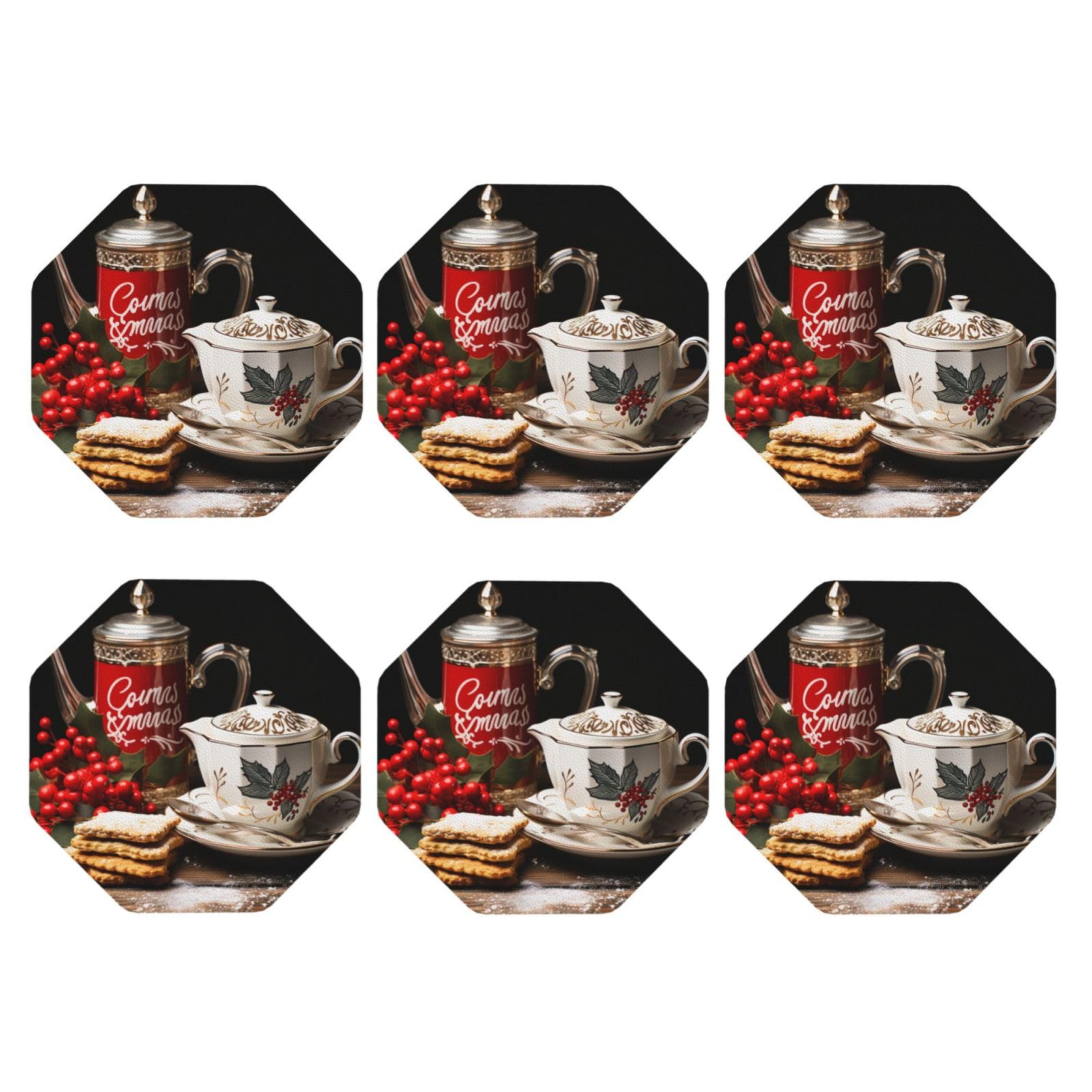 6Pcs PU Leather Coaster for Drinks, Christmas Tea Time Cup Coastersr 4" Cup Mat Pad, Aesthetic Drink Coasters for Coffee Table, Octagon Coaster for Tabletop Protection