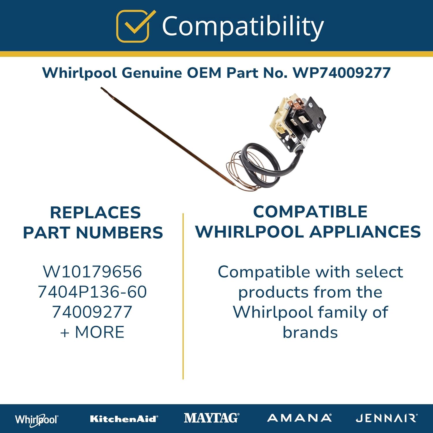 Whirlpool WP74009277 Genuine OEM Range Temperature Control Thermostat Replacement Part - Replaces W10179656, 7404P136-60, and 74009277