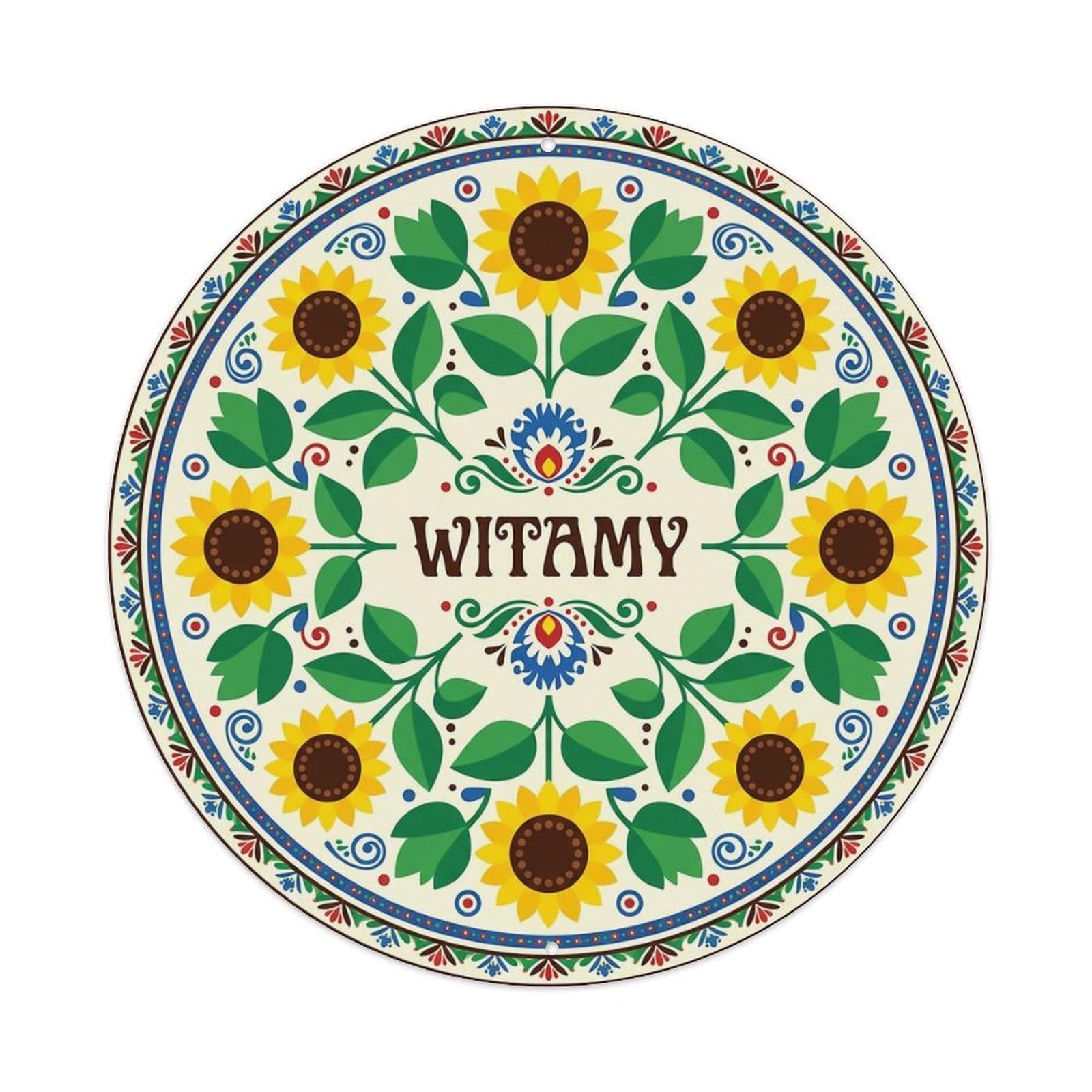 Vintage Polish Folk Art Witamy Welcome Sunflower Wreath Metal Tin Sign