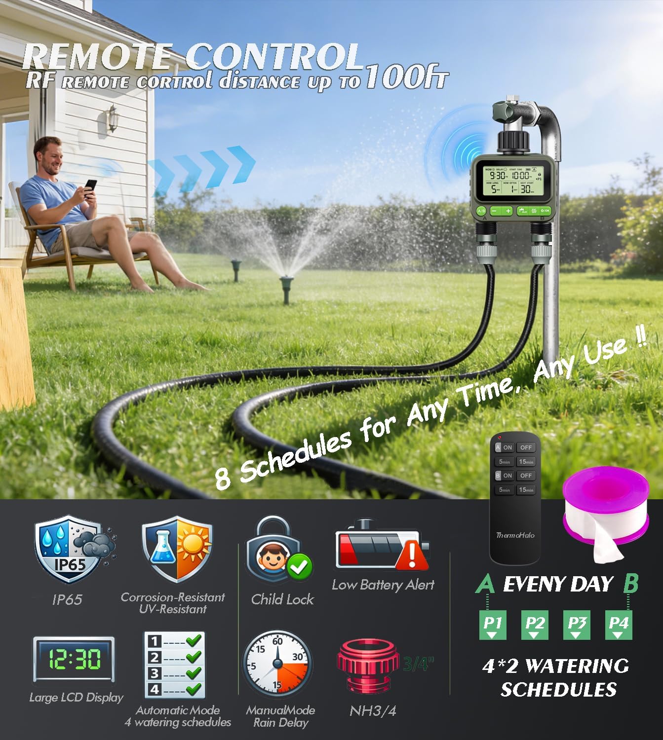 Timer intelligente per tubi da giardino, irrigazione digitale a 2 zone, impermeabile, sistema di irrigazione automatica per prati e cortili (doppio)
