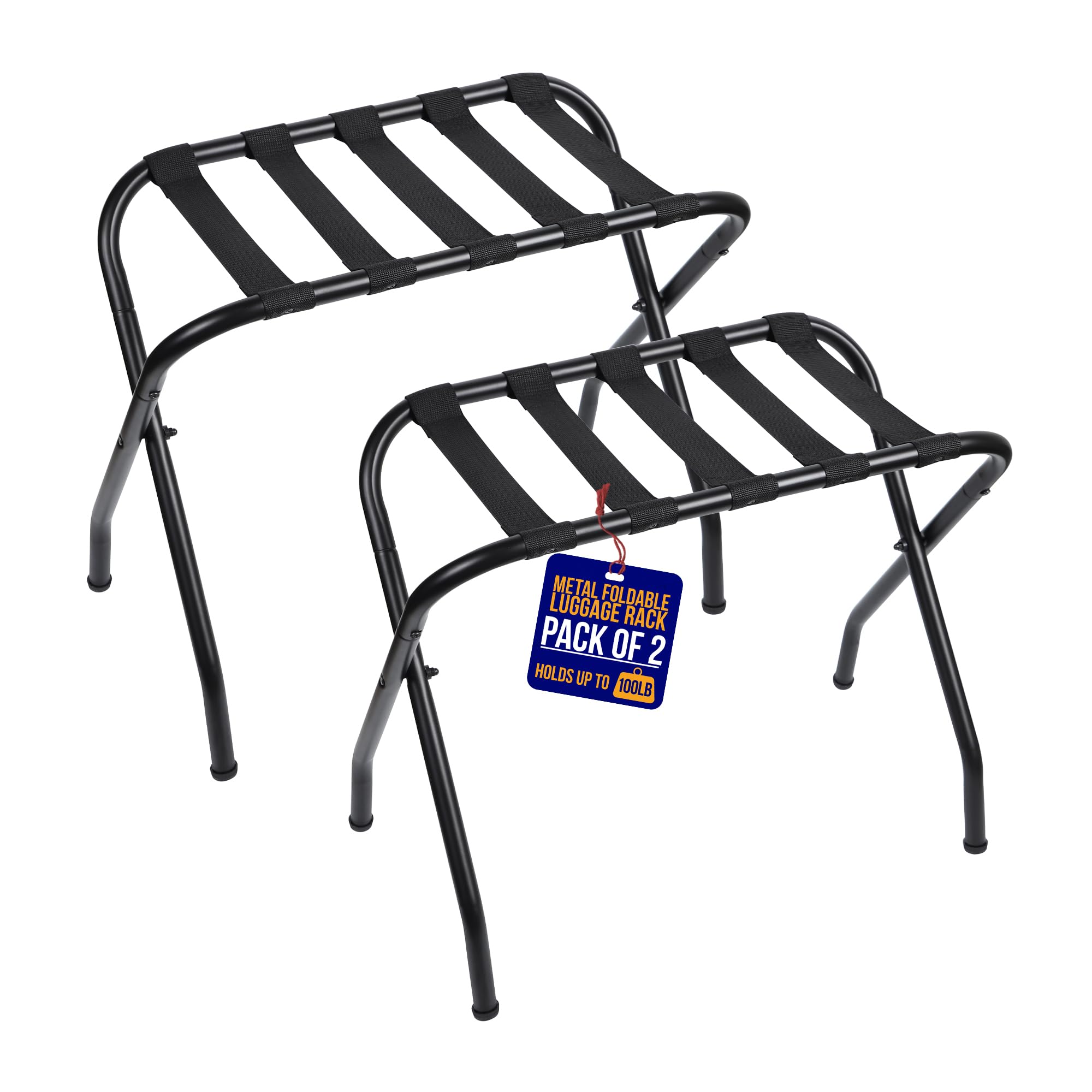 Lifemaster Metal Luggage Rack - Pack of 2 Foldable, Easy Assembly, Space Saving, and Stylish Steel Frame Guest Suitcase Stands with Nylon Straps - Black