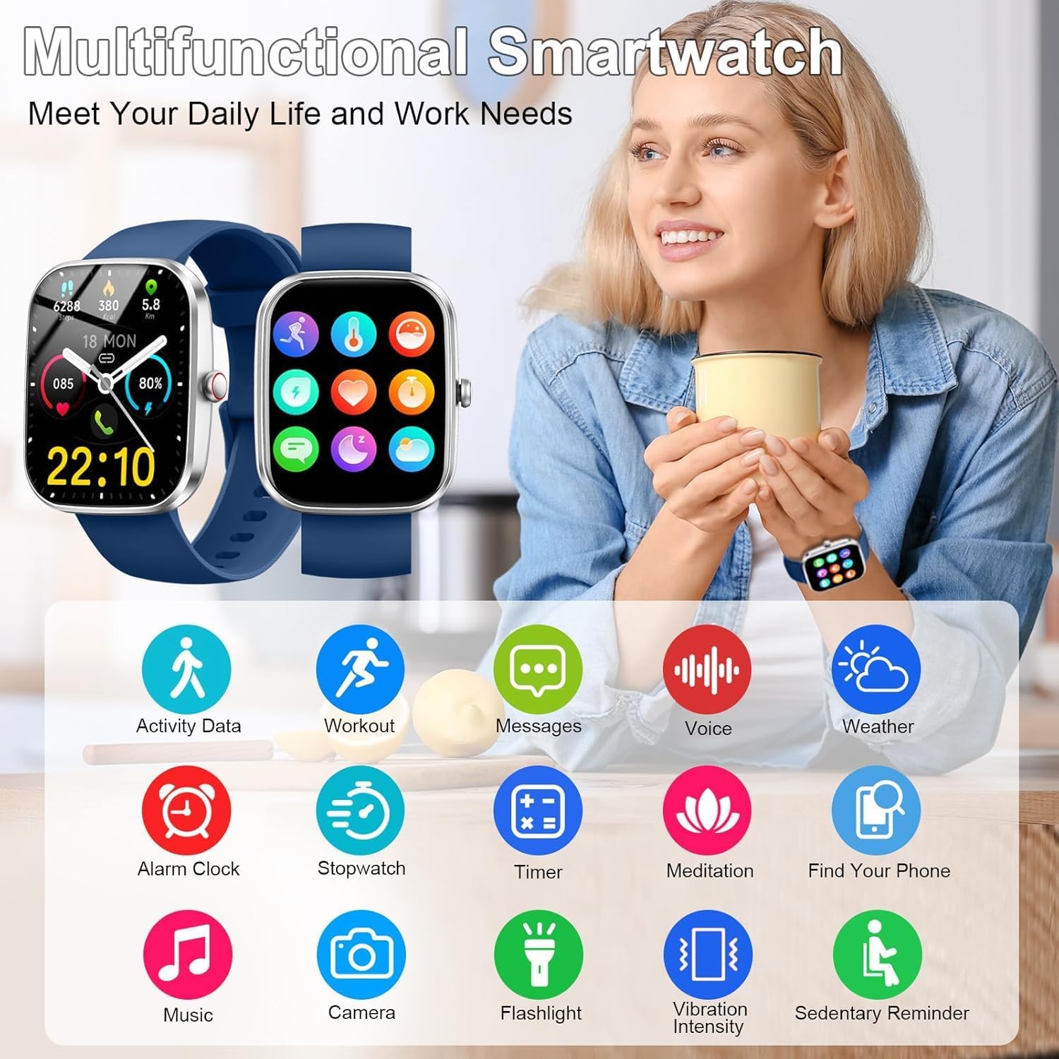 Matast Smart Watch displaying various multifunctional icons like activity data, workout, messages, weather, music, and more.