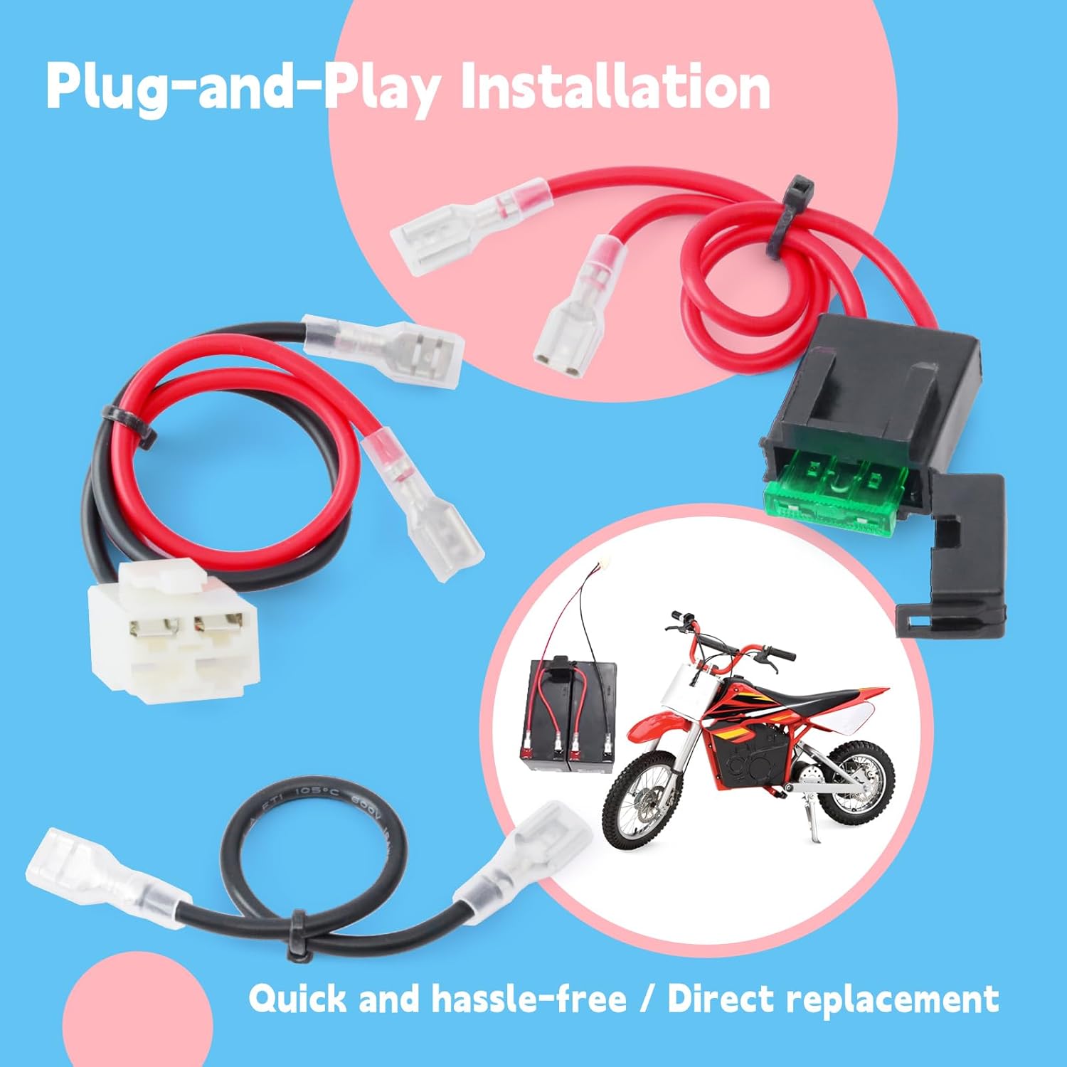 MX650 Battery Wire Harness 14 Gauge Compatible with Razor MX350 MX400 MX500 Electric Dirt Bikes PR PM SM Quad Dune Buggy, 4 Holes, 3 Wire Plug