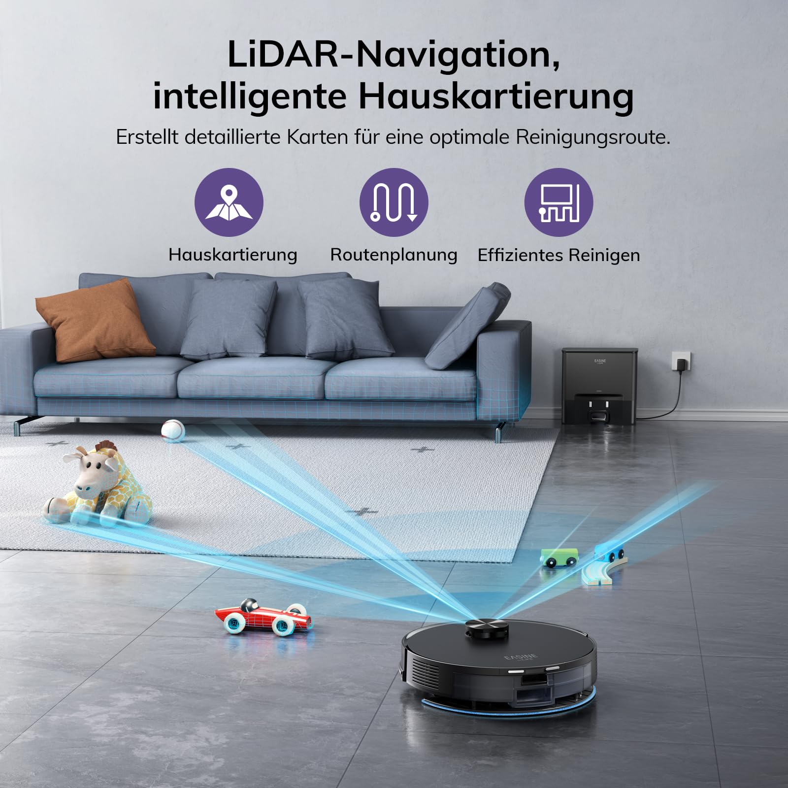 Saugroboter mit Wischfunktion, Automatische Absaugstation, Lasernavigation, No-Go-Zonen, 5000Pa, 5* 2.5L Staubbeutel,180Mins, App, Staubsauger Roboter Für Hartböden, Teppiche und Tierhaare, S20
