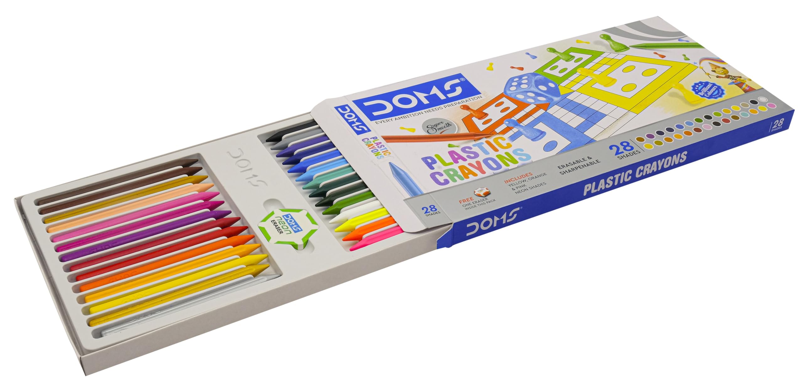 Doms Non-Toxic 28 Shades Super Smooth Plastic Crayons | Erasable & Sharpenable | 1 Eraser & 1 Sharpener Included | Pack of 1 3