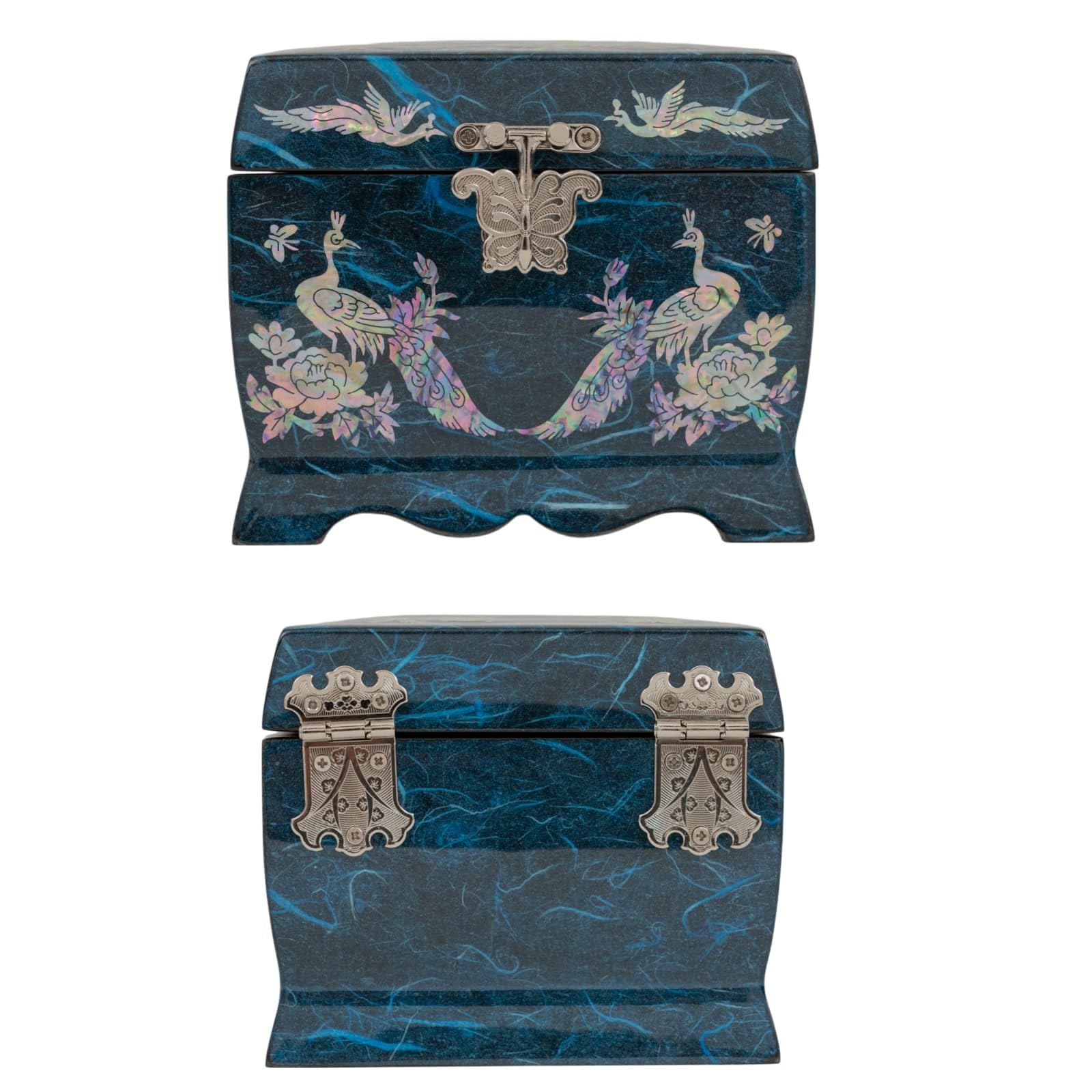 February Mountain Joyero musical de madreperla con espejo y soporte para anillos, caja de música, organizador de joyas tocando melodía Arirang, caja de joyería de pavo real, regalo para mujeres
