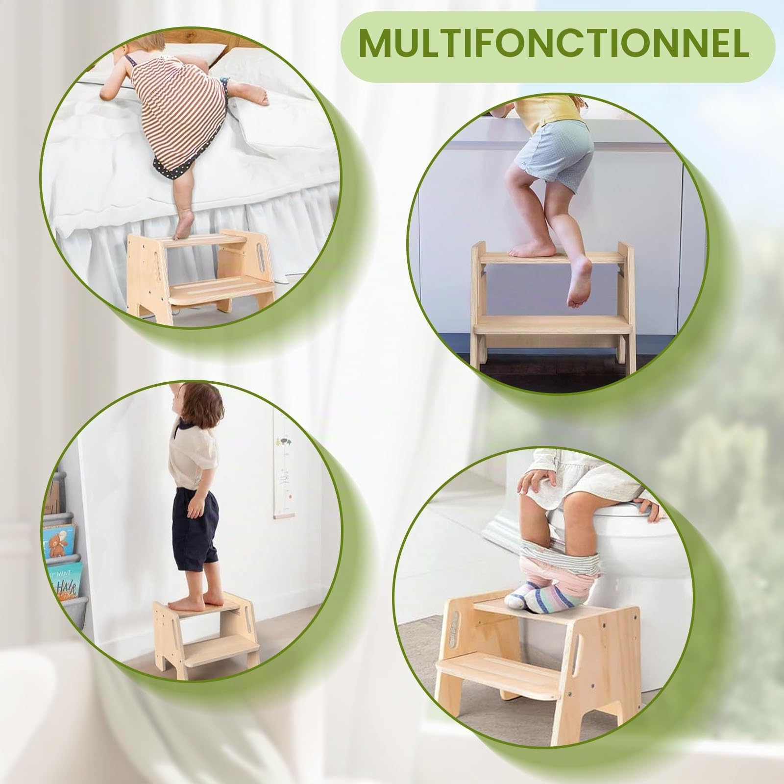 Kottwca Marchepied pour enfant, 2 marches, antidérapant, en bois, avec poignée, charge maximale : 150 kg, pour salle de bain, lavabo, cuisine, chambre d'enfant, chambre à coucher