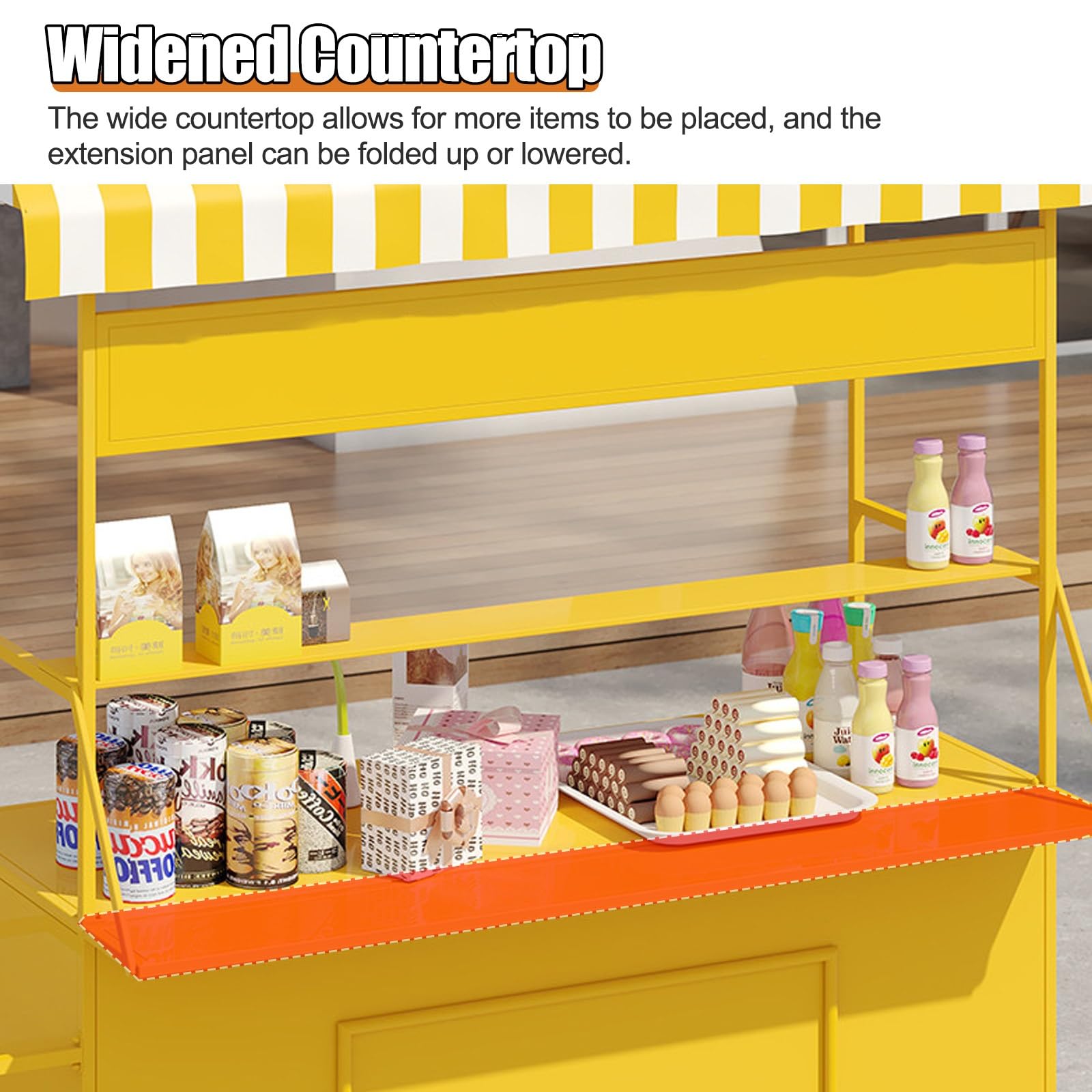 Carrello portavivande portatile con tettuccio, carrello mobile da 140 cm su ruote per eventi all'aperto e mercati di street food, stand in ferro resistente (giallo)