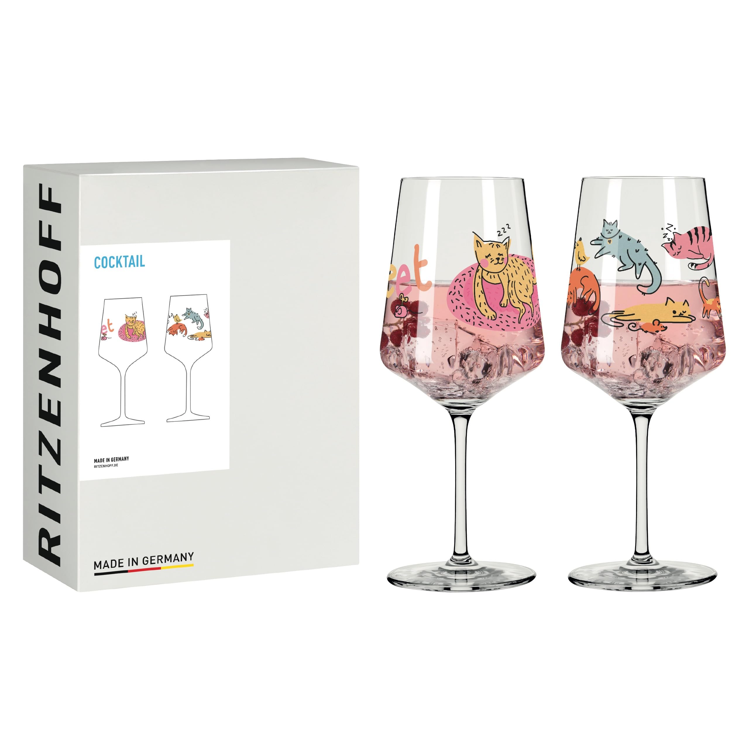 RITZENHOFF 8106003 Cocktail-Glas 2er Set 600 ml, Serie Tierisch glücklich, 2 Stück mit Katzen Motiv bunt - Made in Germany