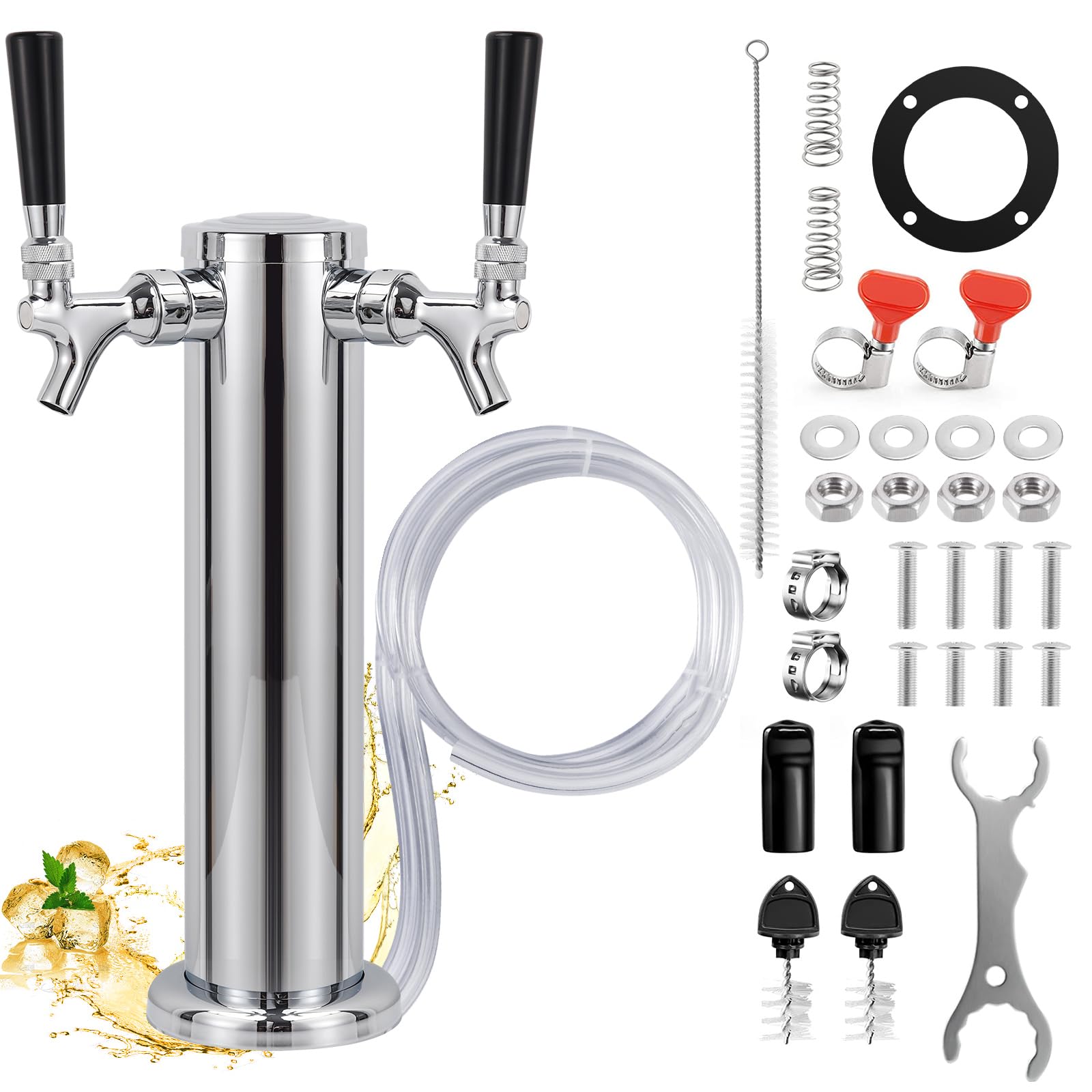 Dispensador de torre Kegerator de doble grifo, dispensador de barril de cerveza de 3 pulgadas, dispensador de cerveza de vertido de barril de cerveza de cierre automático, kit de torre de grifo