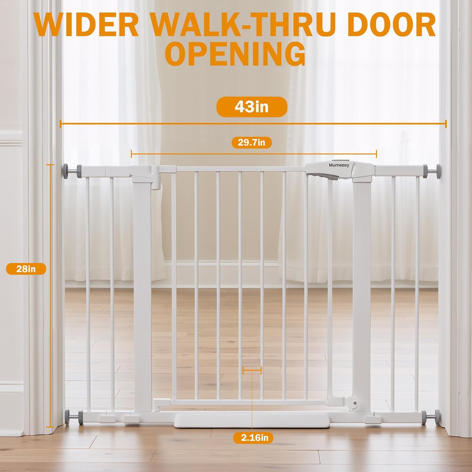 Baby Gate for Stairs, 29.7-43" Auto Close Dog Gate for Doorways & Hallways, Pressure Mounted Pet Gate with Walk Thru Door, Easy Install Safety Gate for Children & Pets, No Drilling, Dual-Lock Design White 29.7-43" W x 28" H