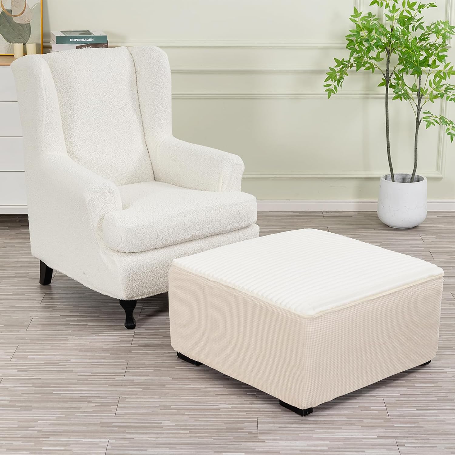 FUANGUI Ottoman Cover Square,Waterproof Thick Slipcover for Living Room, Washable Storage Footstool Furniture Protector for Dogs, Pets,with Nonslip Elastic Bottom, Off-White, Medium