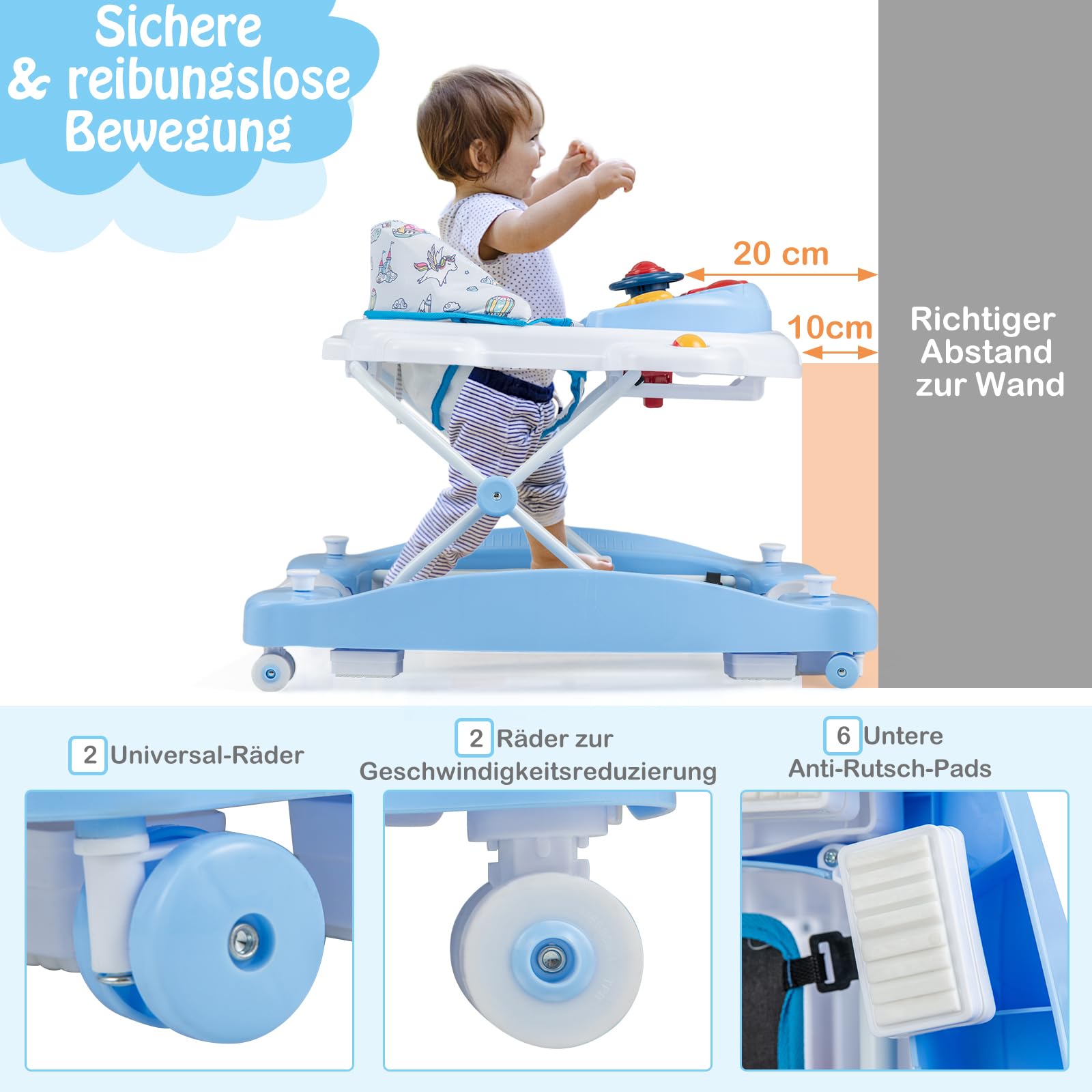 GOPLUS 6 in 1 Lauflernwagen, Lauflernhilfe faltbar mit Rädern, Baby Walker mit Fußkissen, Lichtern, Musik, Spielzeug & 3 verstellbare Höhen, Gehfrei für Baby ab 6 Monate, belastbar bis 12KG (Blau)