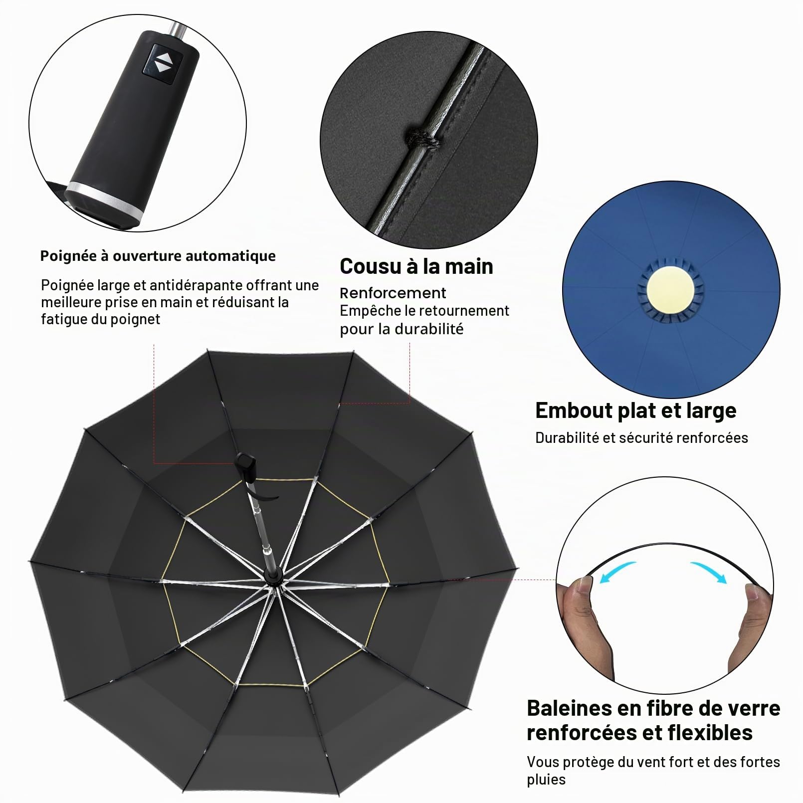 Satol Parapluie de Golf - Ouverture Automatique 10 Rayons, Double Toile, Protection UV, 54 Pouces Pliable Compact Paraplui avec Bandes Réfléchissantes, Convient à 2-4 Personnes (Bleu)