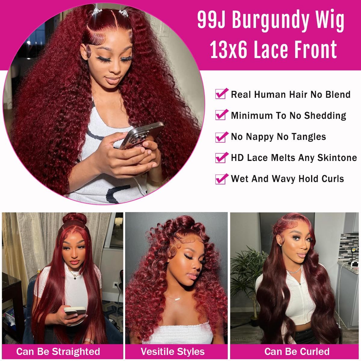 Wig Red wine Burgundy Curly hair Blende Lacefront BURGUNDY RED WINE - Swiss Lace Front Wig - Deep Part - Long  main image 2