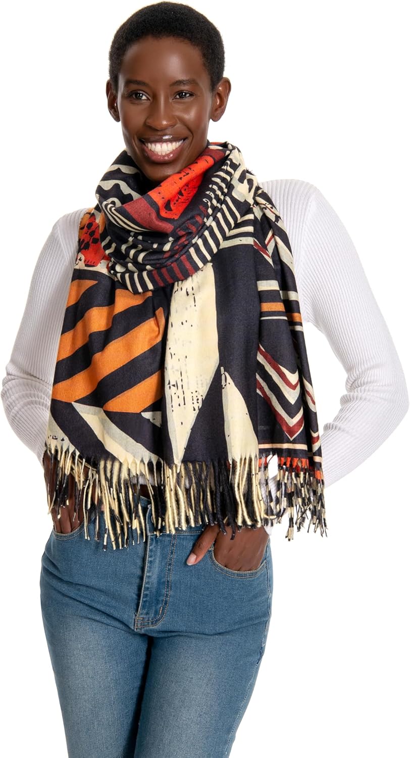 Soft Cashmere Feel Scarf for Women,African Tribal Style Double Sided Prints Warm Tassel Shawl Scarf Winter Large Wrap - Image 2