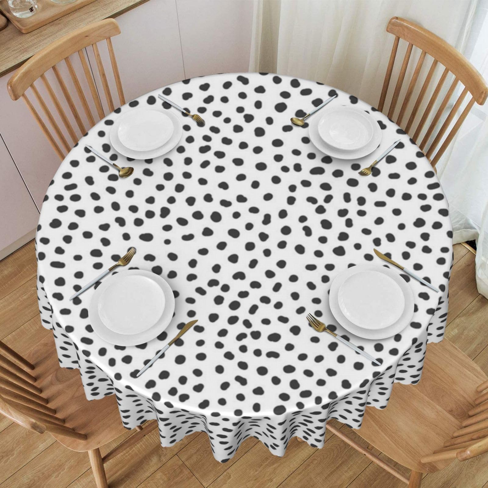 DCEHGEW 60 In Round Tablecloth with Lace, Black And White Dot Printed Oilproof & Washable Fabric Picnic Table Cloth Table Covers