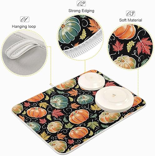 Miniatura 4 de Tapete de secado de platos de calabaza de otoño para cocina, hojas de arce, tapete de secado de microfibra negra, tapete absorbente reversible para