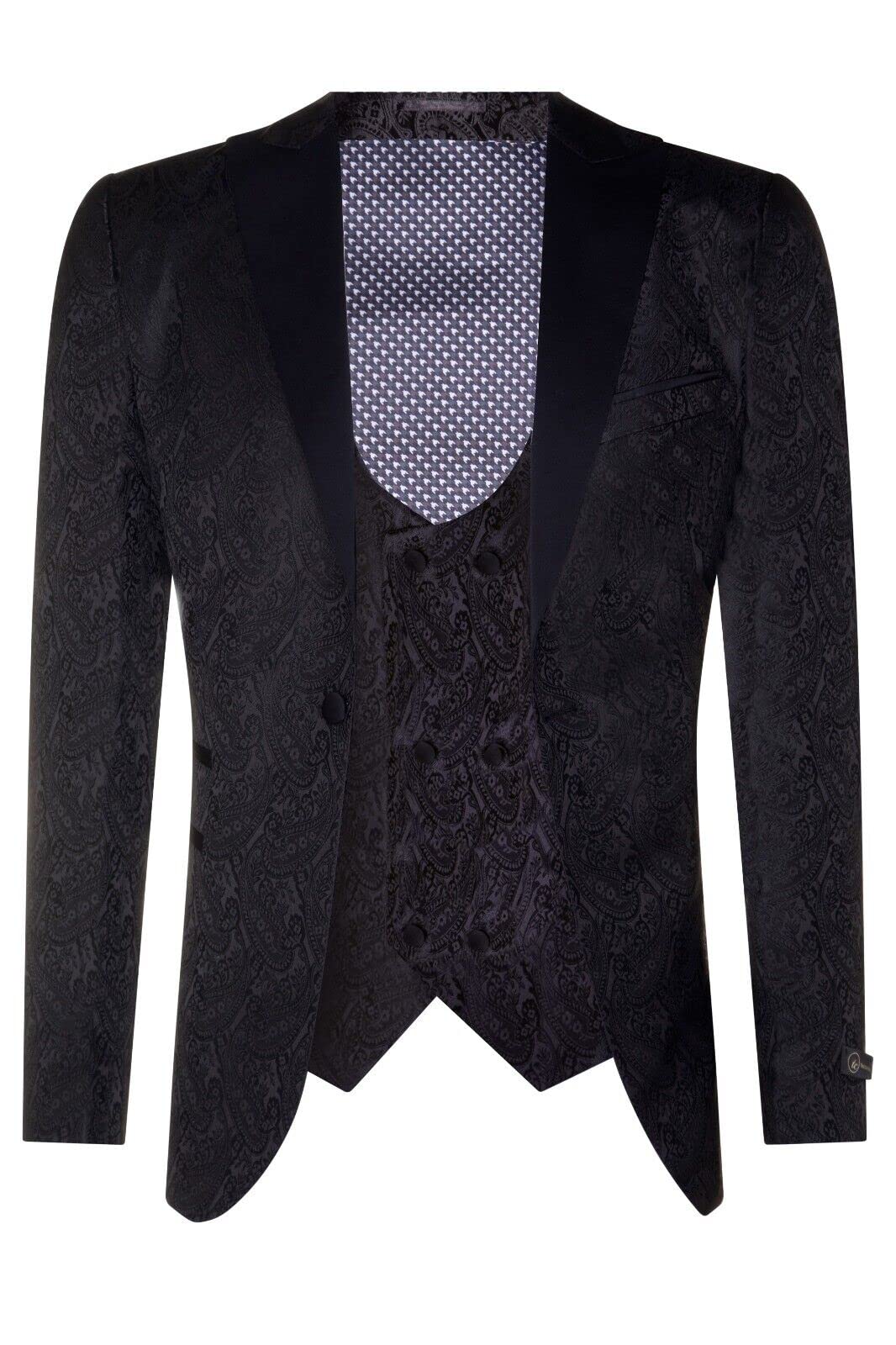 TruClothing Mens Black Tuxedo Blazer Waistcoat Brocade Satin Paisley Formal Dinner Jacket