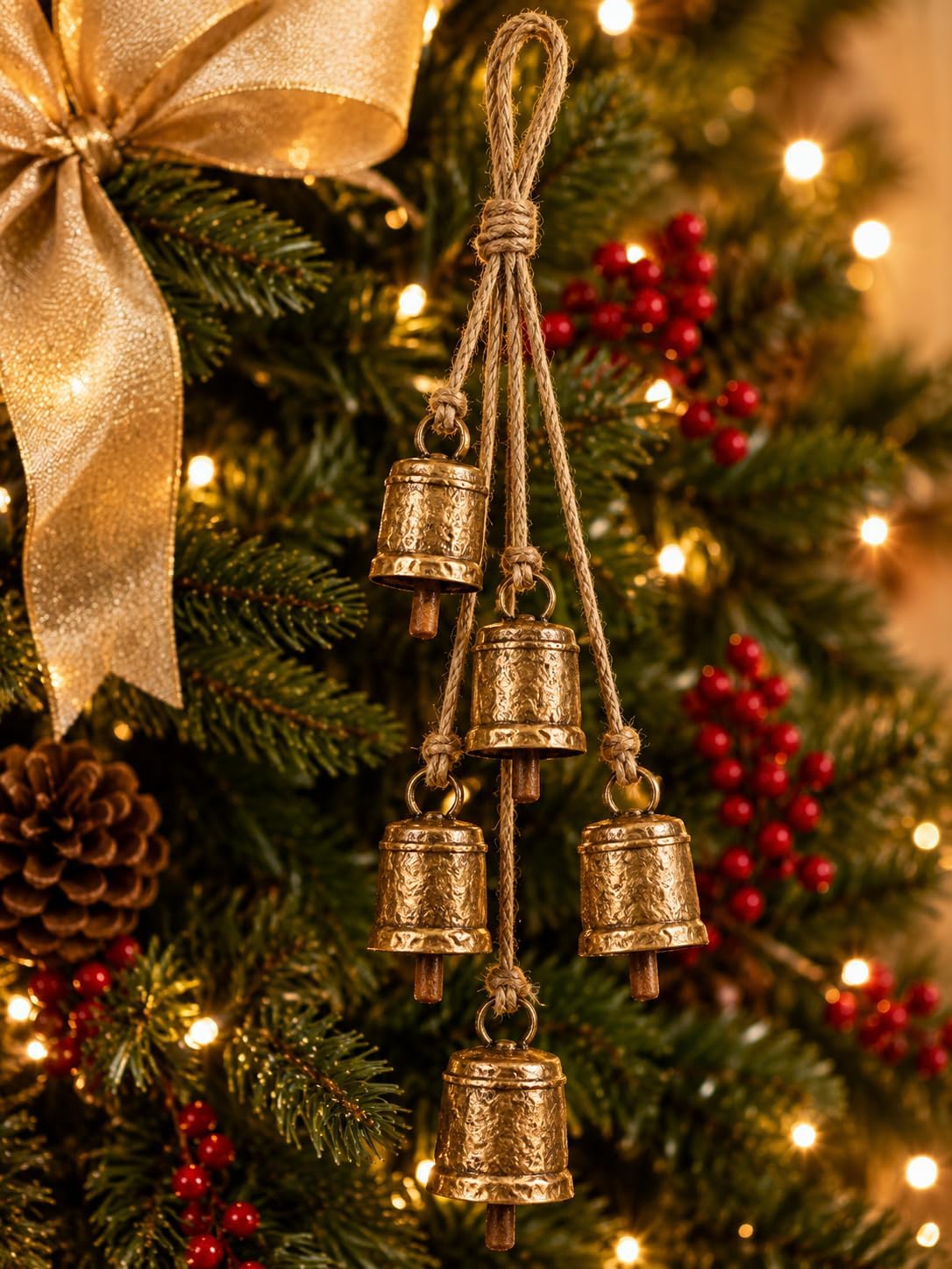 TA DIZAYN Handmade Decorative Bells, Gold Finish, Jute Rope, Rustic Style, Wall Hanging Decor, Door Knob, Wiccan Gifts for Home Wall Door