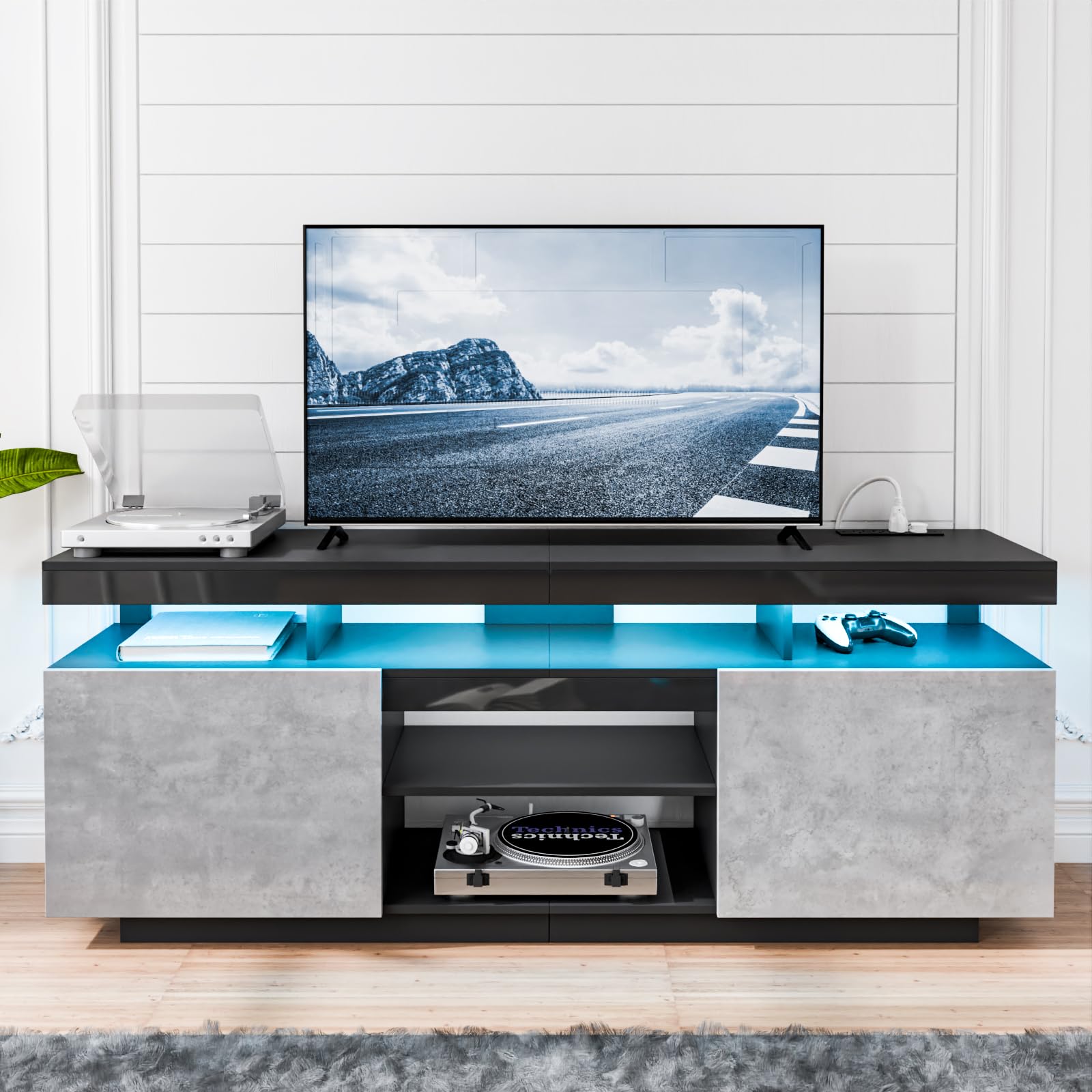 HOMMPA LED TV Stand for 75 Inch TV, Modern Tall Entertainment Center with Power Outlet, Gaming TV Consoles with Storage, High Gloss LED Lights Game Cabinet for Living Room, Grey& Black