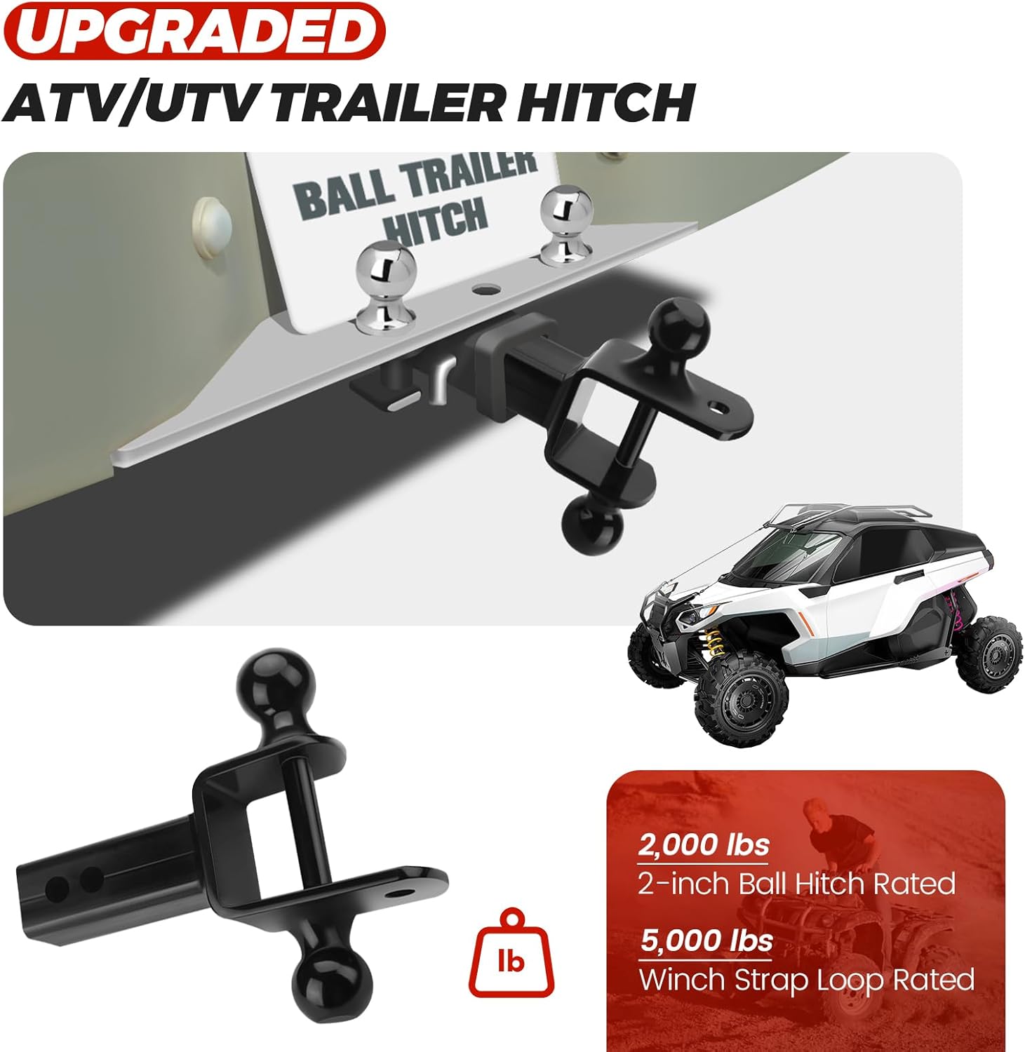 ATV/UTV Dual Ball Trailer Hitch Receiver Hitch Towing Ball Mounts 5000 LBS GTW-Multi Hitch,2 Inch & 1-7/8 Inch Ball,Fits 2-inch Receiver,1-inch Rise,3-in-1 ATV/UTV Multi-Hitch with Pin by Beaquicy