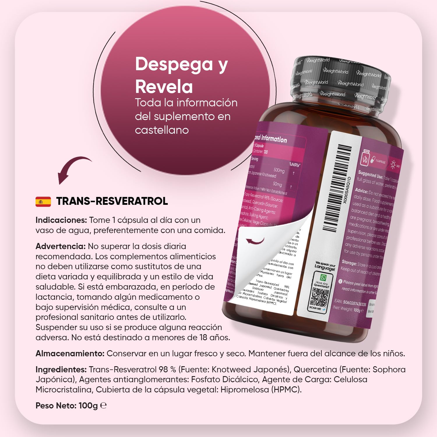 Trans Resveratrol con Quercetina 550mg - 120 Cápsulas de un 98% de Knotweed Japonés y Sophora Japonica - 4 Meses de Suministro - Apto para Veganos