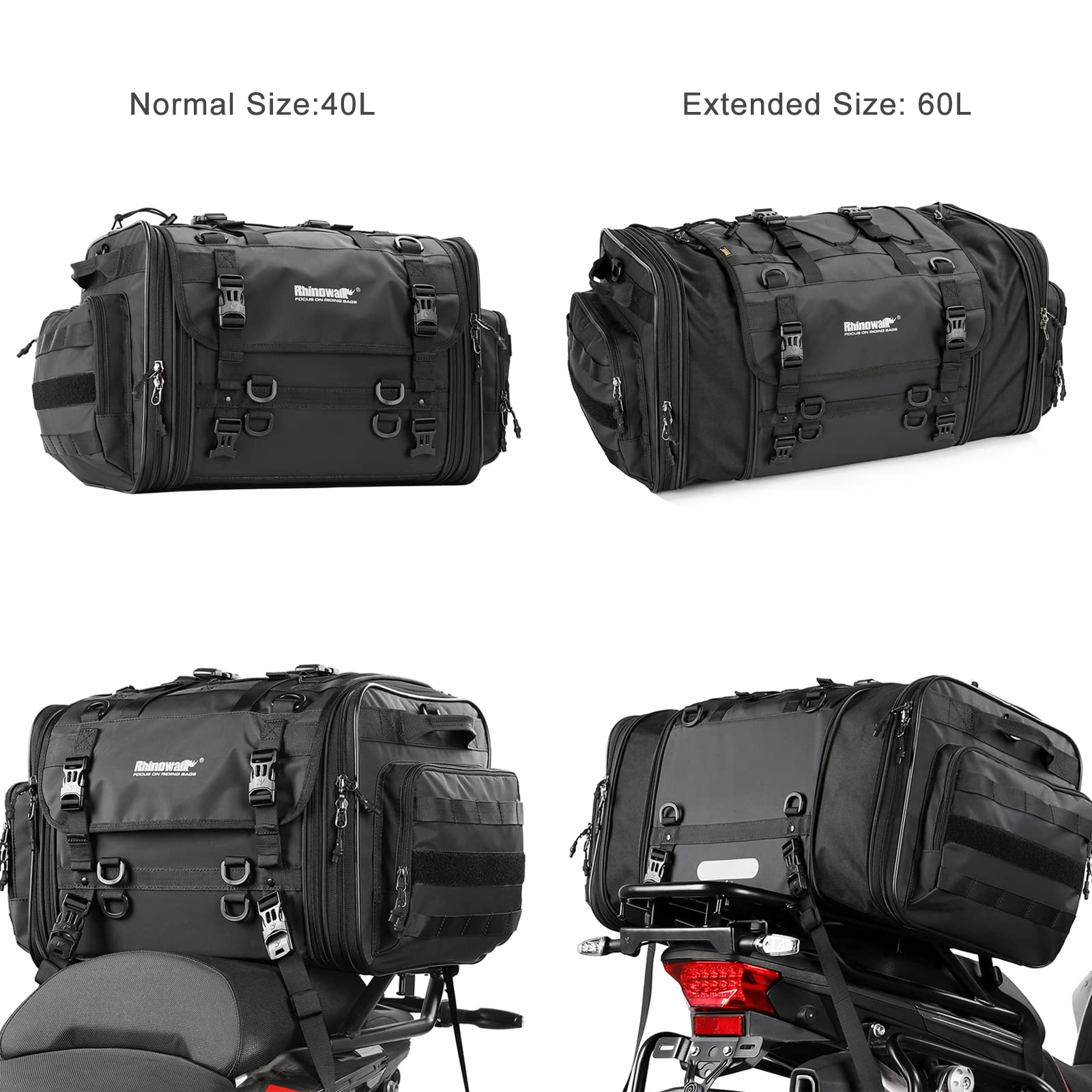 Rhinowalk Sac de selle de moto extensible 60 L, étanche, bagage de voyage pour sports motorisés (noir)