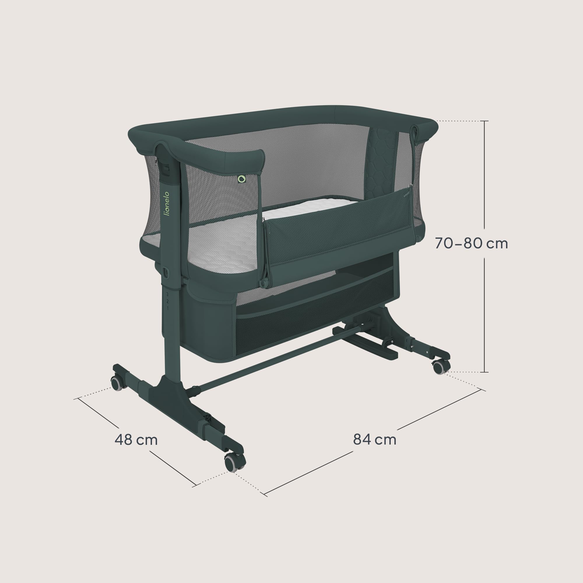 lionelo Jodie Cuna 3 en 1 hasta 9 kg, Cuna de colecho, Cama Mecedora, Ajuste de Altura e inclinación del colchón, 4 Ruedas con Freno, Colchón Ergonómico, Malla Transpirable, Bolsa, Mosquitera
