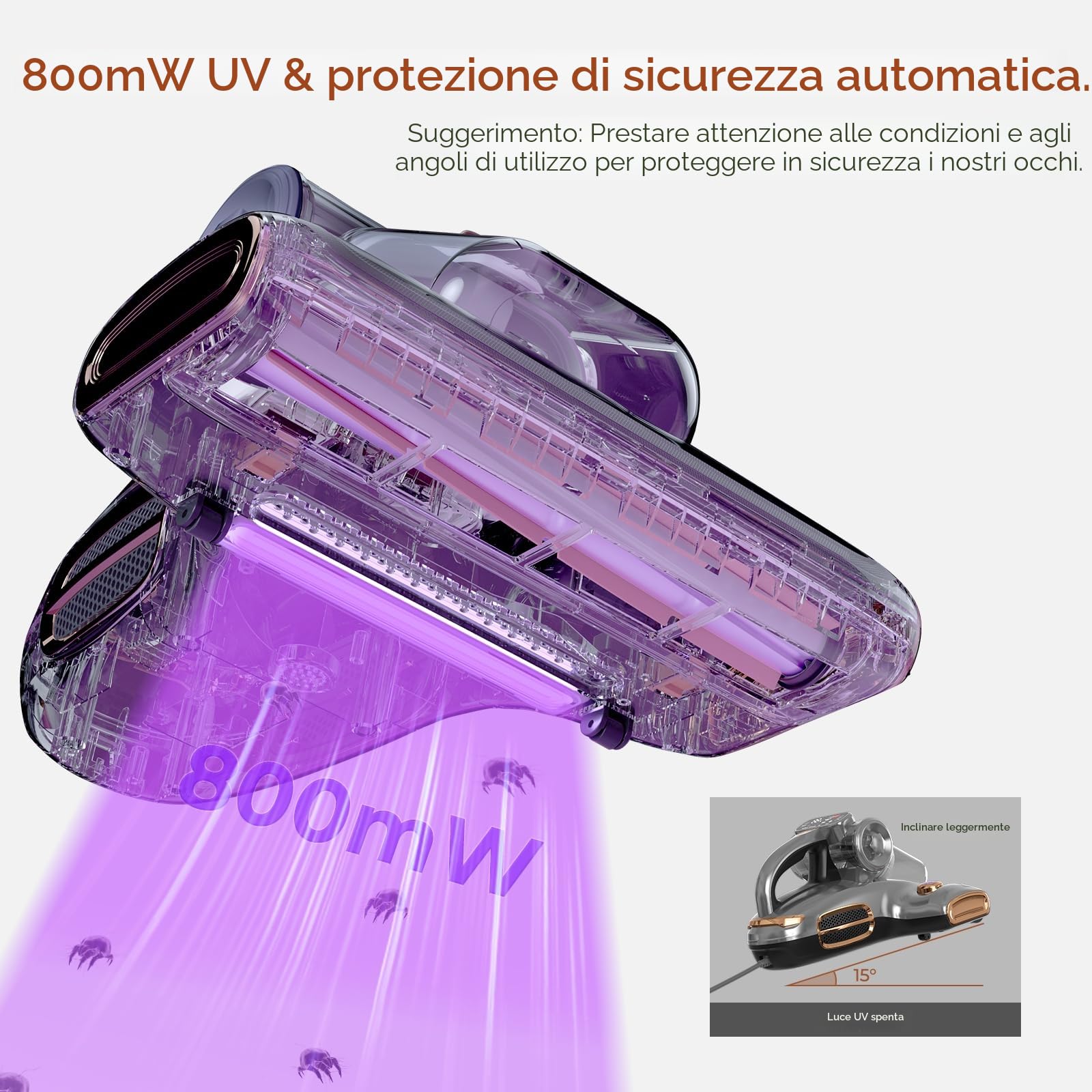 JIGOO Battimaterasso, Aspiratore acaro per materassi con luce UV, Autentico 700W/15 kpa, Antiacari rimuove il 99,9%, Indicatore LED, Basso rumore (Grigio)