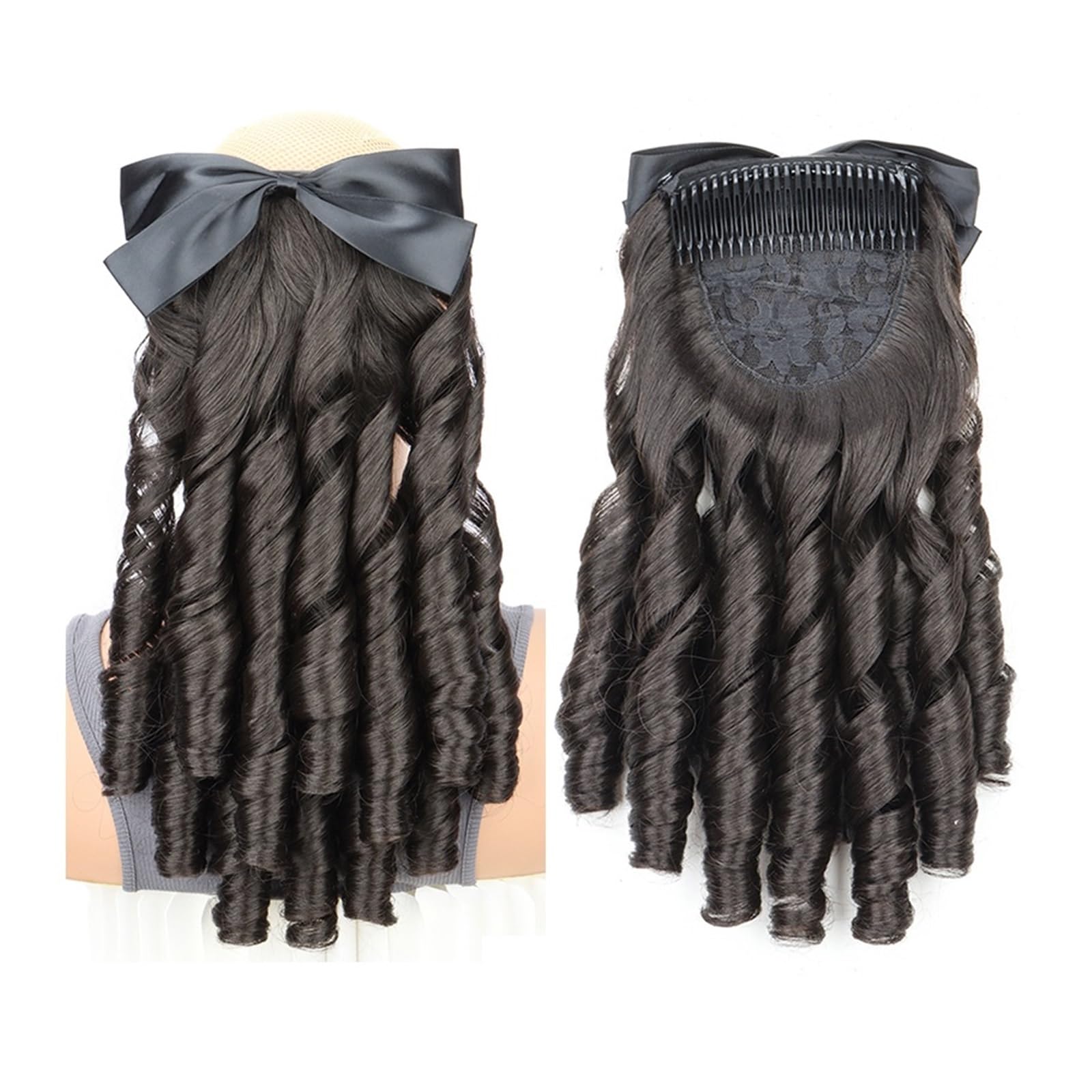 Extensiones de cola de caballo estilo retro elegantes con ondas rizadas, fibra resistente a altas temperaturas.(4)