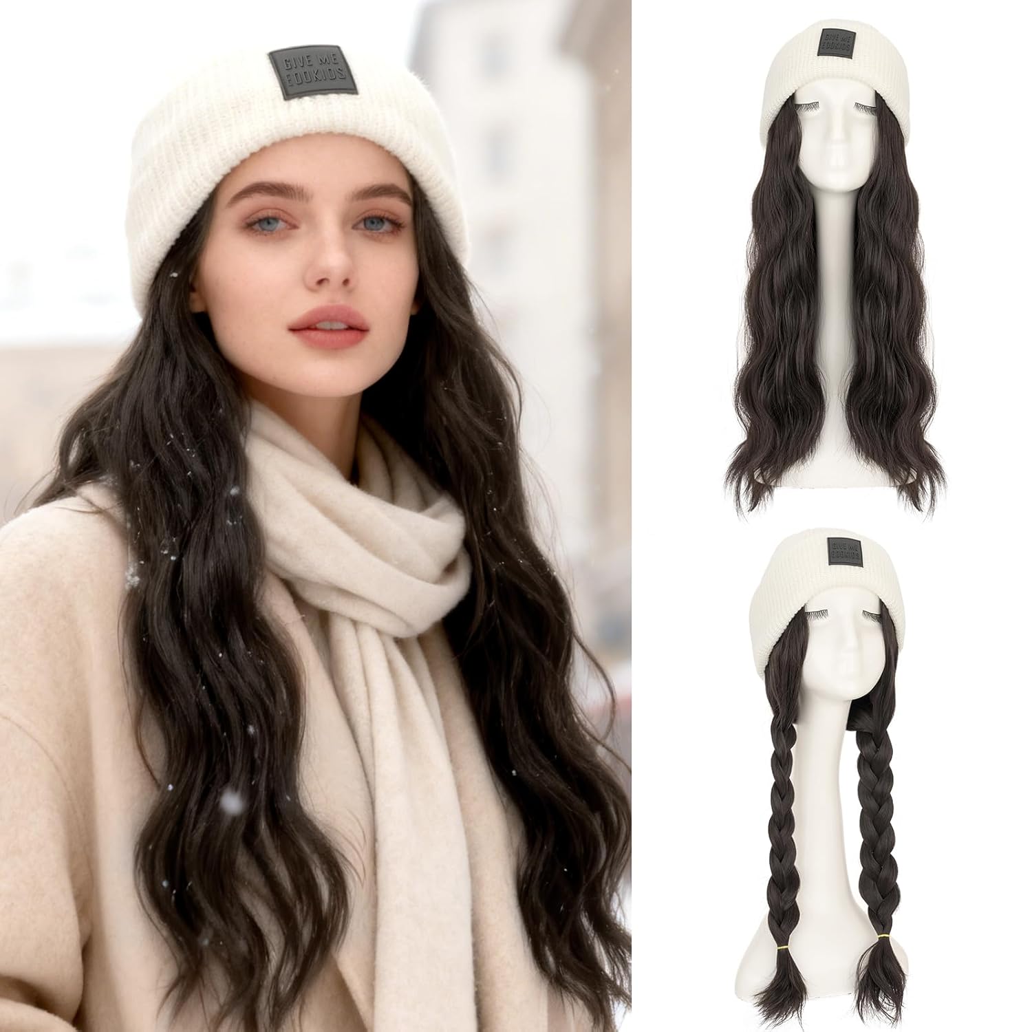 Benehair Beanie Wig Hair Extensions, Knitted Hats with Synthetic Water Wave Wig Hairpieces for Women Winter, 18 Inch Long Wavy Dark Brown Hair with White Beanie