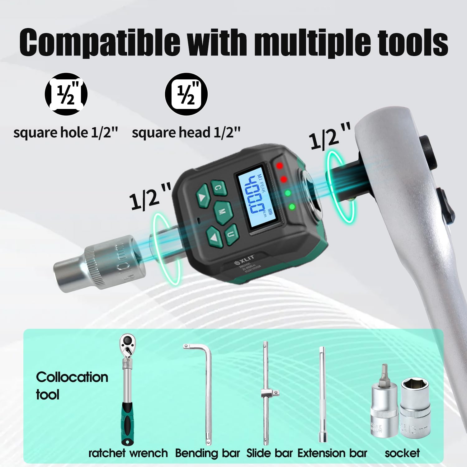 1/2" Digital Torque Adapter Set with Socket Adapters (1/4", 3/8") - 2% Accuracy, 15-295 ft-lb, Buzzer & LED Alert, Working with Ratchet Wrench, Breaker Bar - for Automotive, Motorcycle & Car