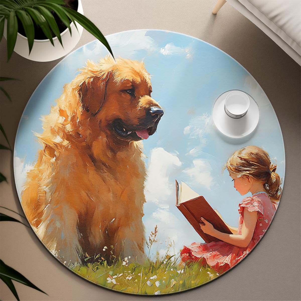 Okrągłe dywaniki Storytime 7 stóp Duży pies i dziewczyna Czytanie na łące Nadruk Dywan Niskie Włosy do salonu Sofa Gry Przyjaźń Dekoracja Podłogi