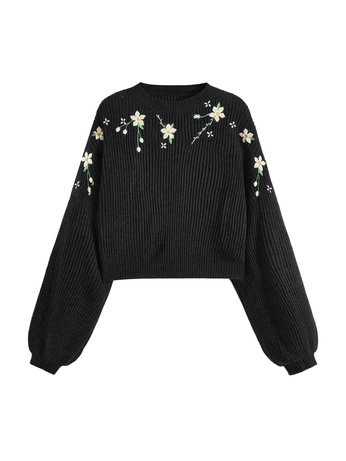 SHENHE Womens Crew Neck Floral Embroidered Sweater Lantern Sleeve Knit Cottagecore Pullover