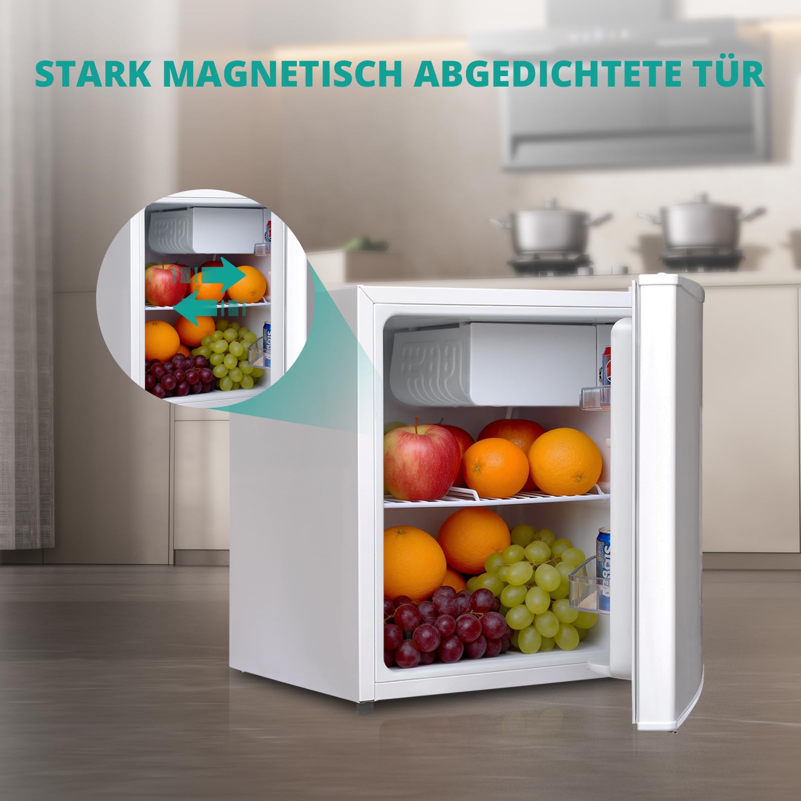 SMETA 46L Mini Kühlschrank, Klein Kühlschrank Leiser 39dB, Getränkekühlschrank 6-Stufen Thermostat 0-10°C, mit wechselbarem Türanschlag für Zuhause Büro Camping Schlafzimmer, Weiß