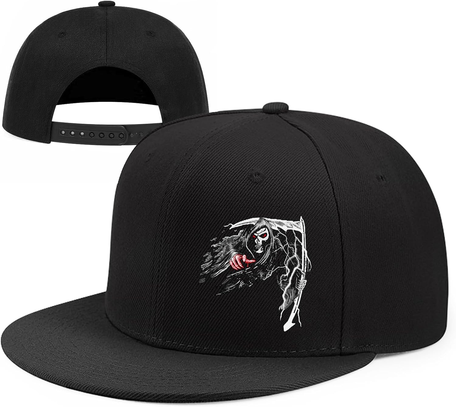 Horror Grim Reaper Scythe Hats Flat Bill Snap Back Hats for Men Flat Brim Black Baseball Cap Devil Skull Finger Snapback
