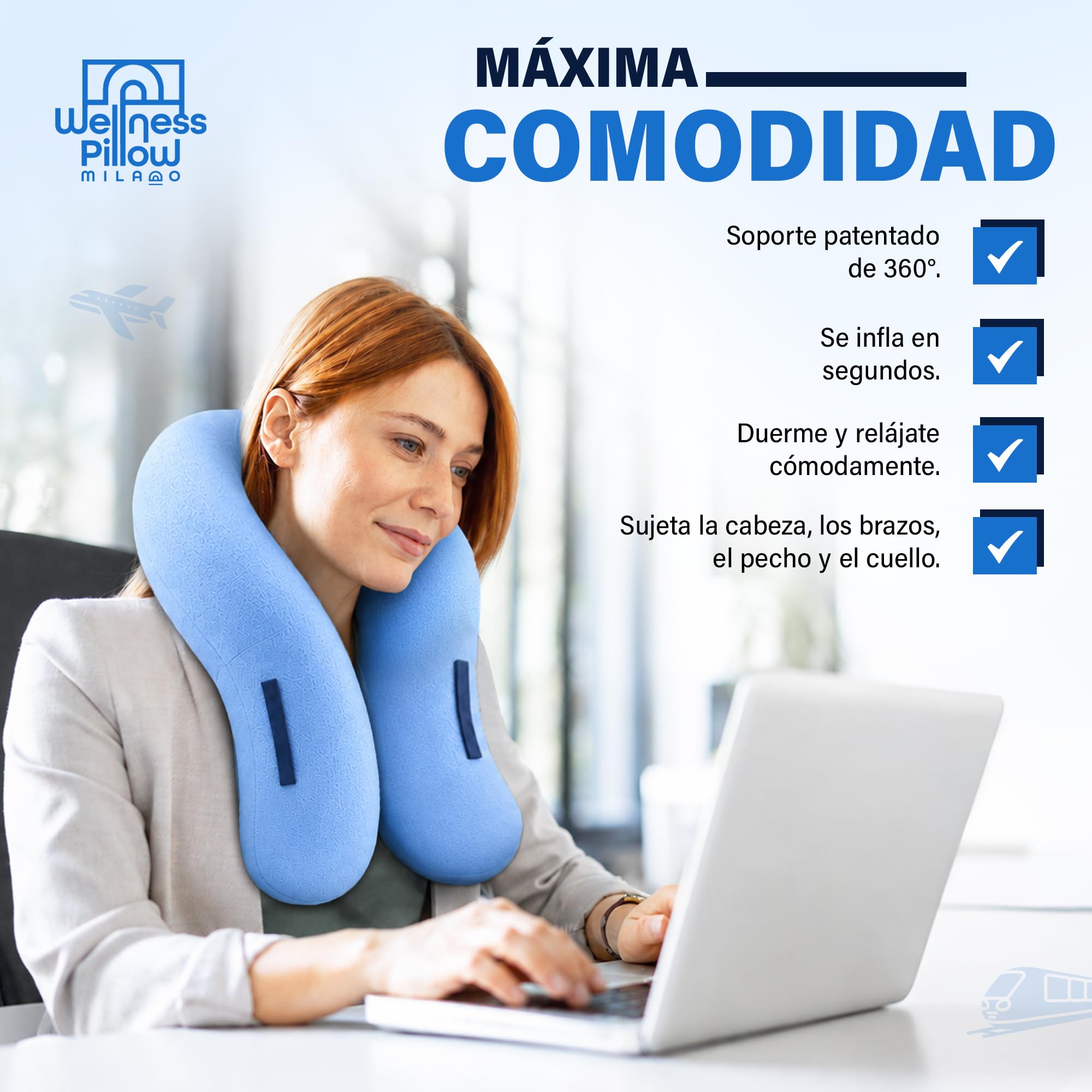 Almohada de viaje, almohada inflable con soporte cervical 3D, cojín aéreo transpirable y compacto, diseño anticaída de la cabeza, fácil de inflar y transportar