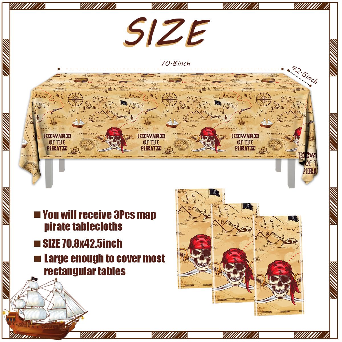 3 manteles de fiesta pirata, mapa del tesoro, decoración de fiesta de cumpleaños pirata, desechable, cuidado con el pirata, cubierta de mesa temática para fiestas de navegación pirata