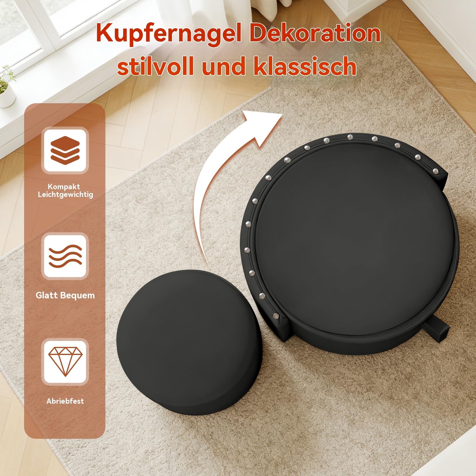 Rollbarer Kosmetikstuhl mit Stauraum, drehbarer Make-up-Stuhl mit klappbarer Rückenlehne, kleine gepolsterte Ottomane aus PU-Leder für Schlafzimmer und Wohnzimmer